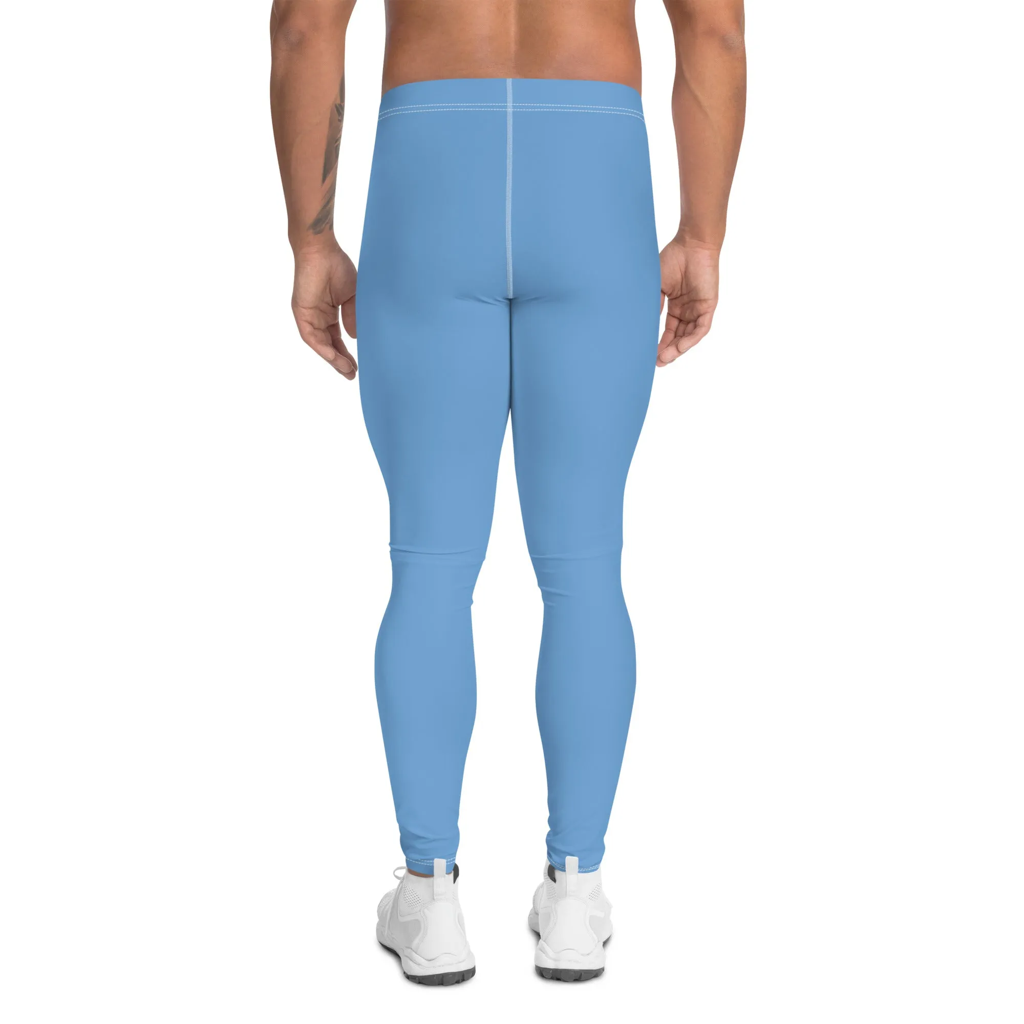 Pastel Blue Solid Color Meggings, Modern Solid Blue Color Designer Spandex Men's Tights/Leggings- Made in USA/ MX/ EU