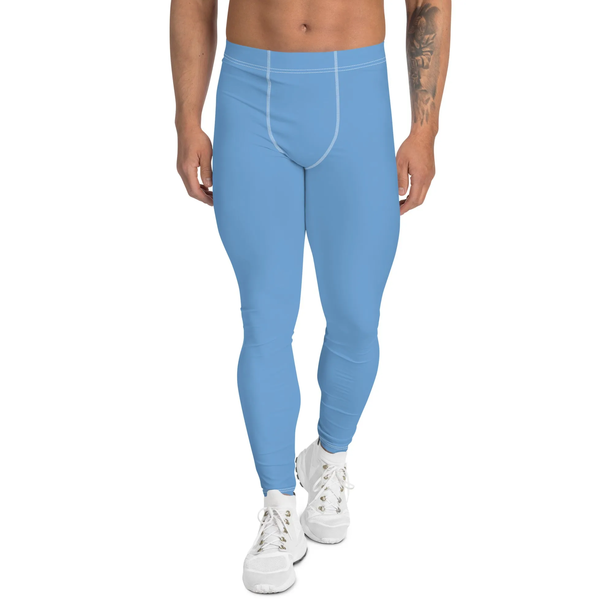 Pastel Blue Solid Color Meggings, Modern Solid Blue Color Designer Spandex Men's Tights/Leggings- Made in USA/ MX/ EU