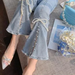 Pearl Decorated Slit Denim Pants Bottoms