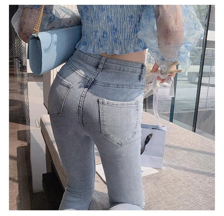 Pearl Decorated Slit Denim Pants Bottoms