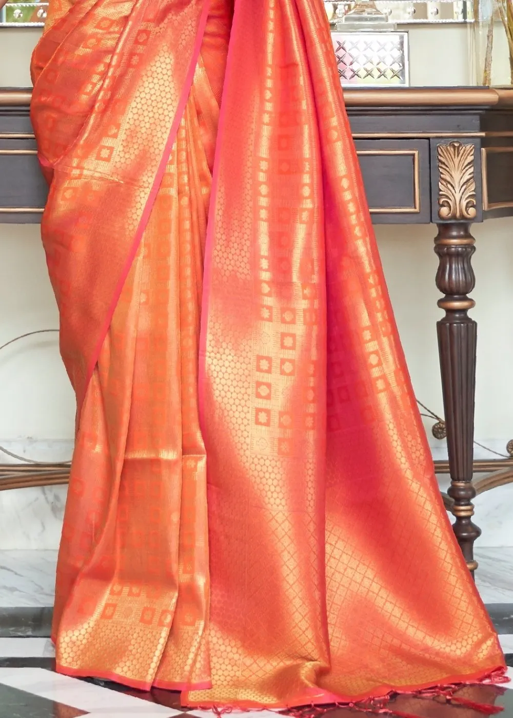 Persimmon Orange Zari Woven Kanjivaram Silk Saree with Tassels on Pallu