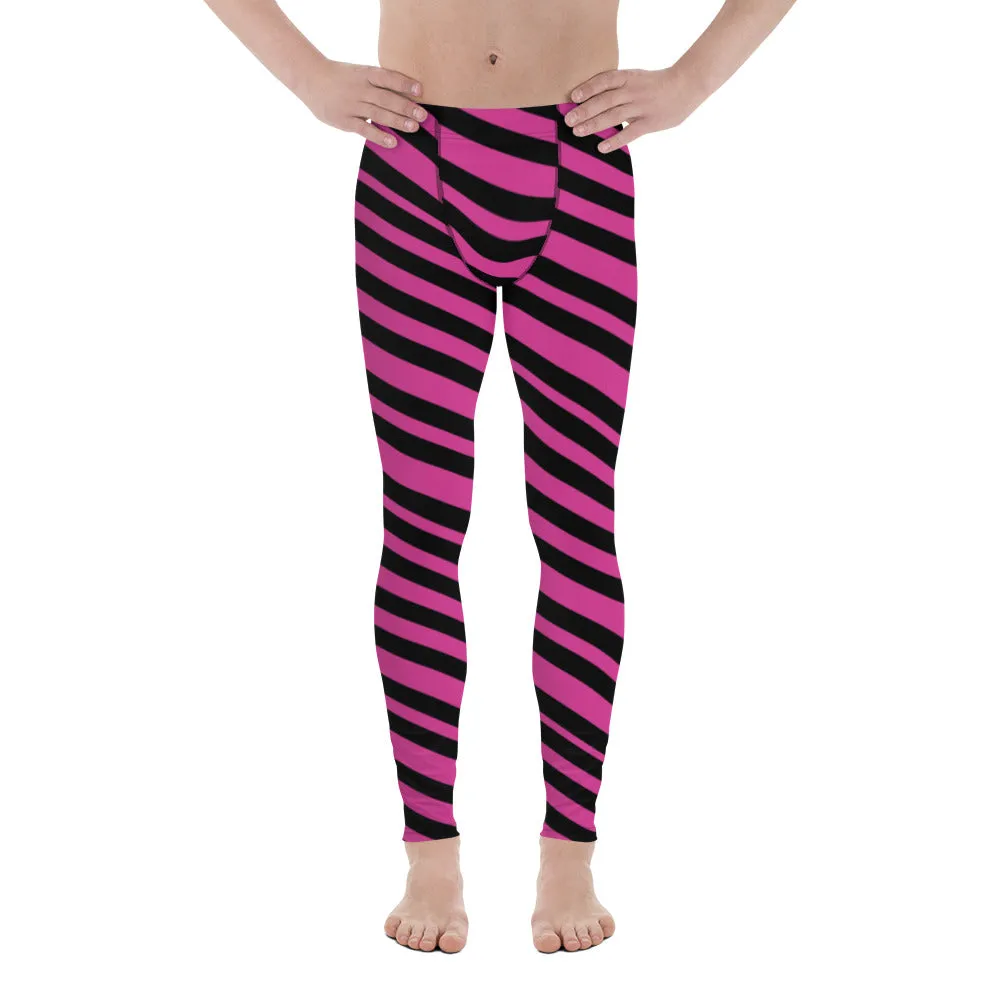 Pink Black Striped Meggings, Premium Best Men's Leggings Running Tights-Made in USA/EU/MX