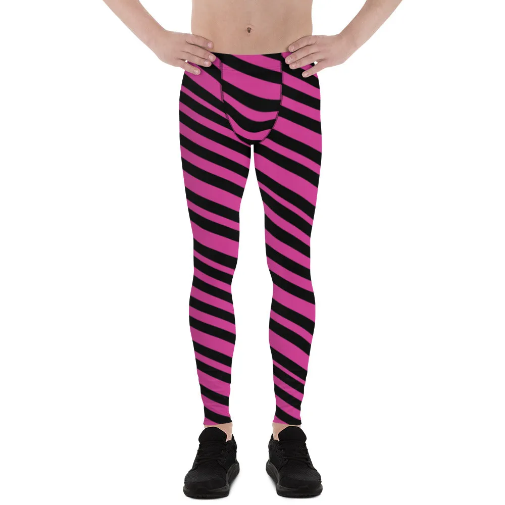 Pink Black Striped Meggings, Premium Best Men's Leggings Running Tights-Made in USA/EU/MX