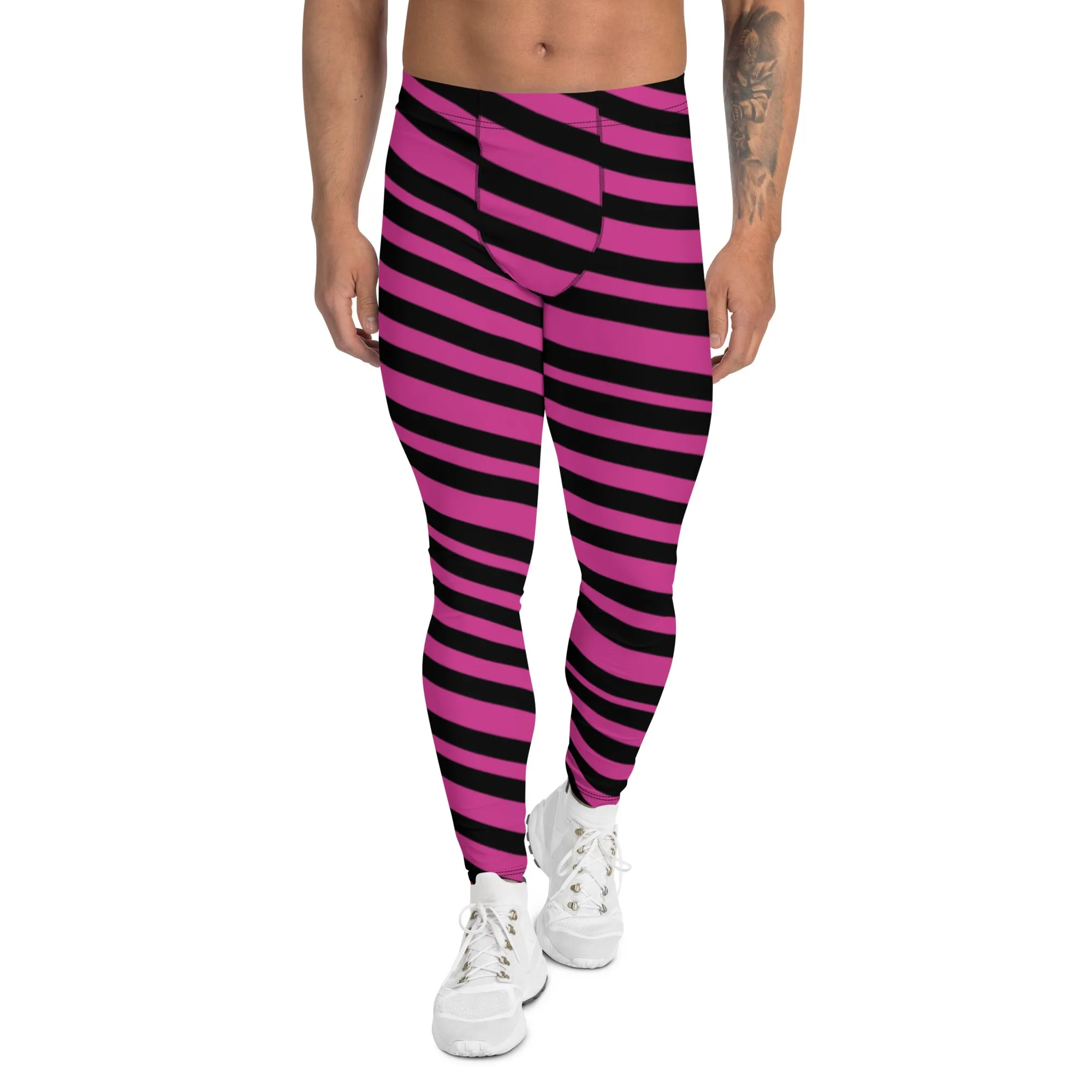 Pink Black Striped Meggings, Premium Best Men's Leggings Running Tights-Made in USA/EU/MX