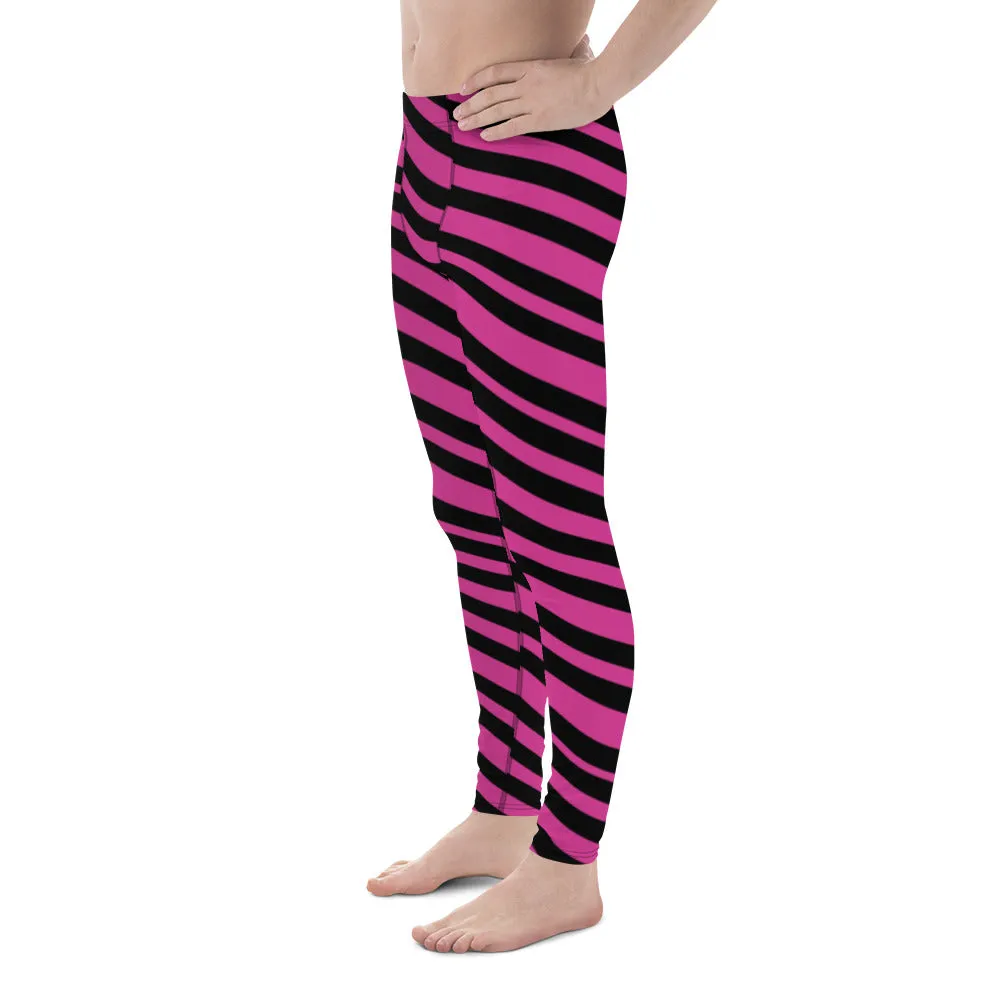 Pink Black Striped Meggings, Premium Best Men's Leggings Running Tights-Made in USA/EU/MX