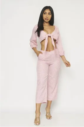 Pink Gingham Crop Top and Pants Set