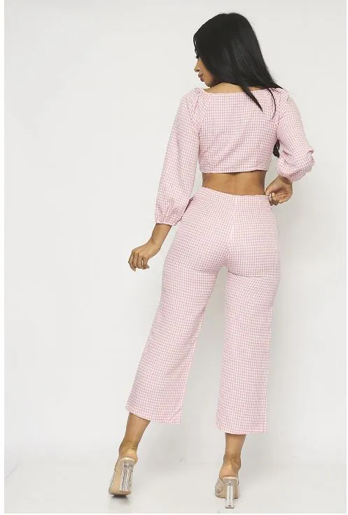 Pink Gingham Crop Top and Pants Set