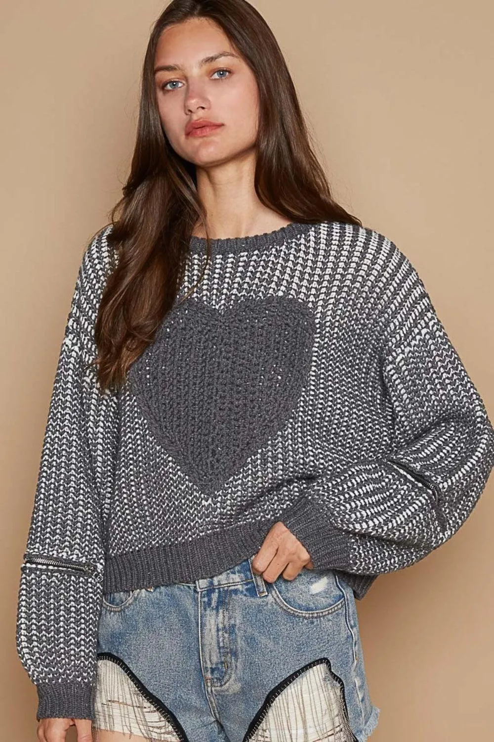 POL Sweater Round Neck Heart Patch Zipper Point Sleeve Pullover