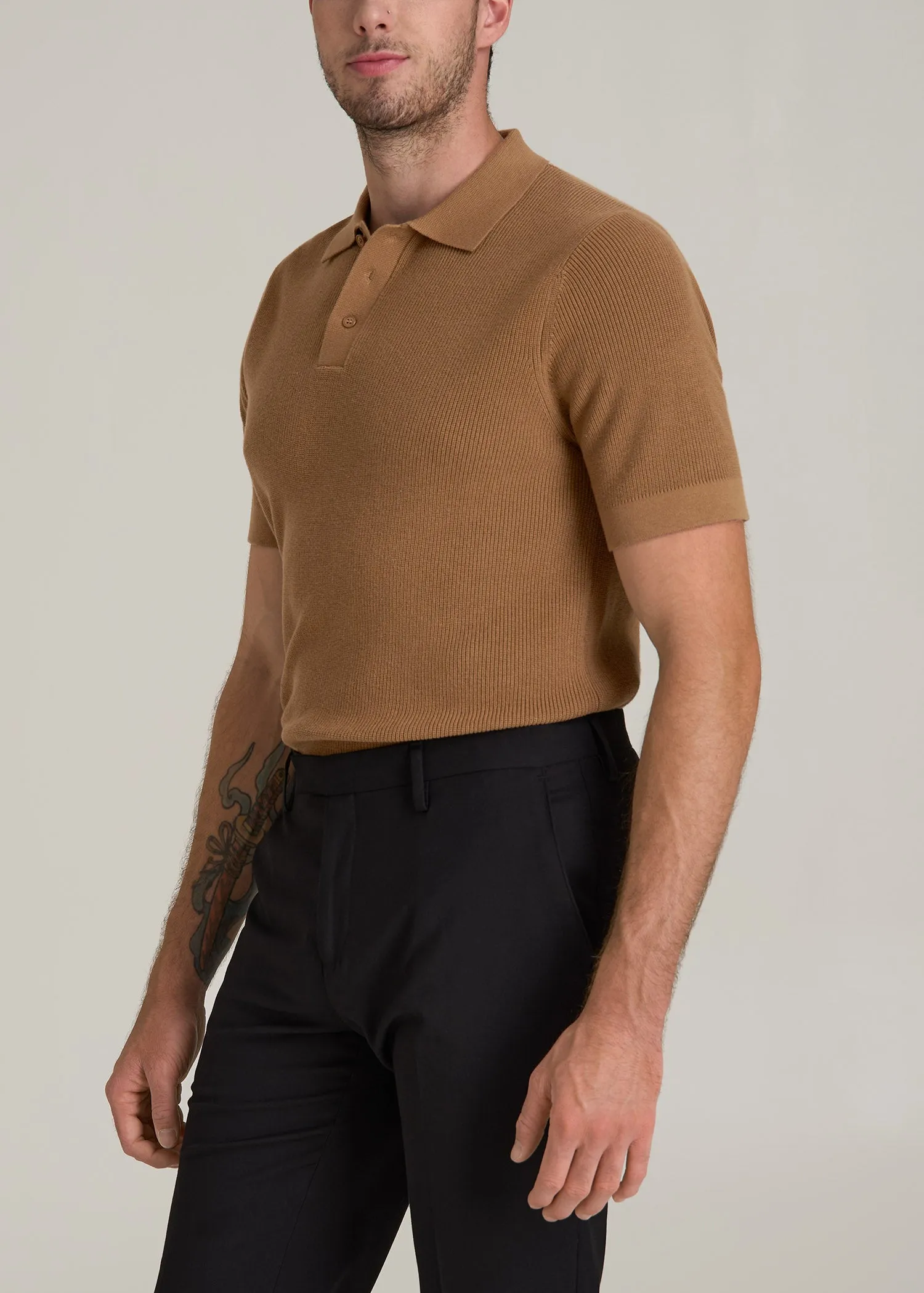 Purl Knit Tall Men's Polo Sweater in Camel