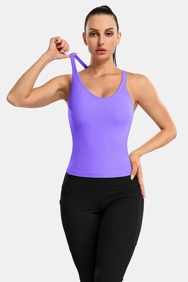 Purple Scoop Neck Racerback Waist Length Ribbed Workout Crop Tops Tank Top