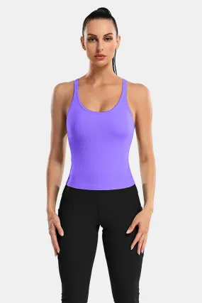 Purple Scoop Neck Racerback Waist Length Ribbed Workout Crop Tops Tank Top