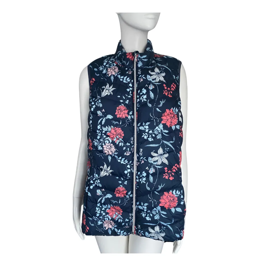 Quilted Floral Gilet Sleeveless Padded Jacket Navy SIZE 14