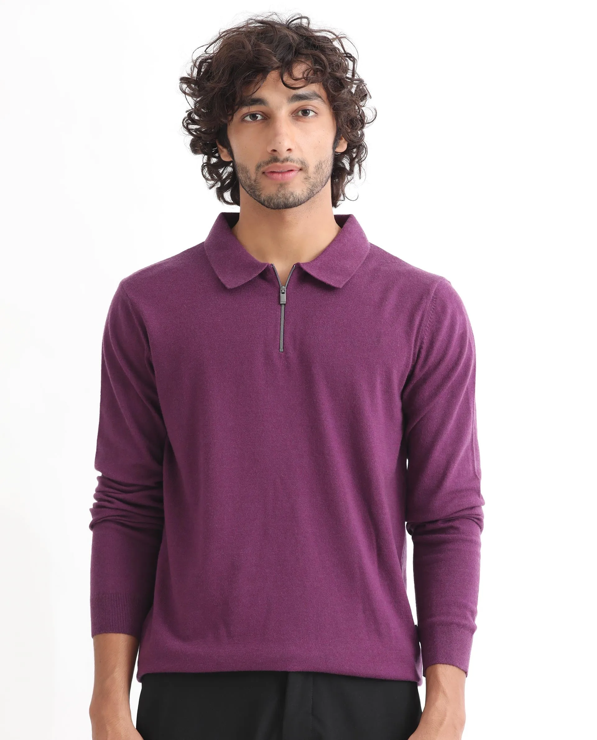 Rare Rabbit Mens Griffin Purple Sweater Viscose Nylon Polyester Fabric Collared Neck Knitted Full Sleeves Zipper Closure Regular Fit