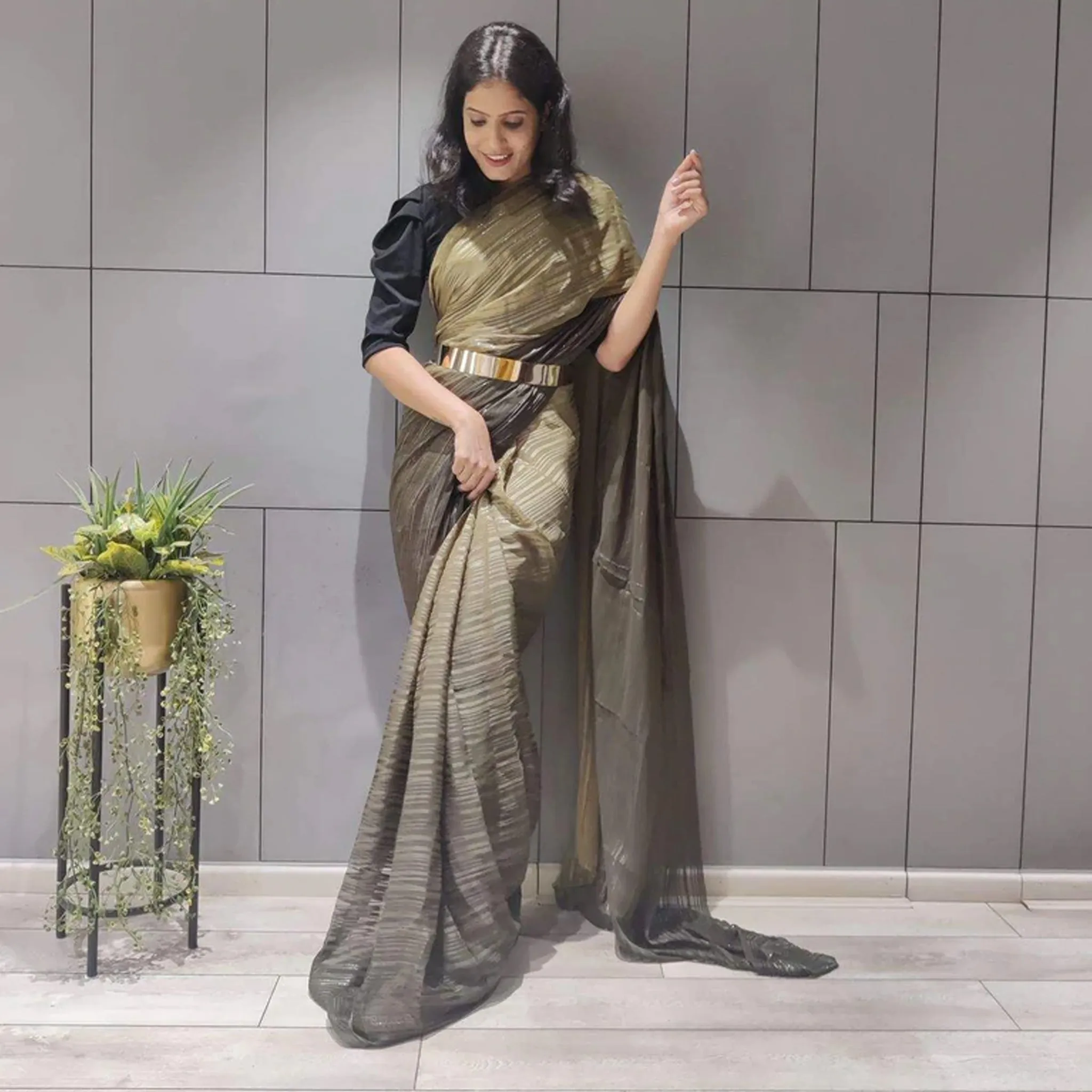 Ready to Wear Chiffon Saree with Metal Belt