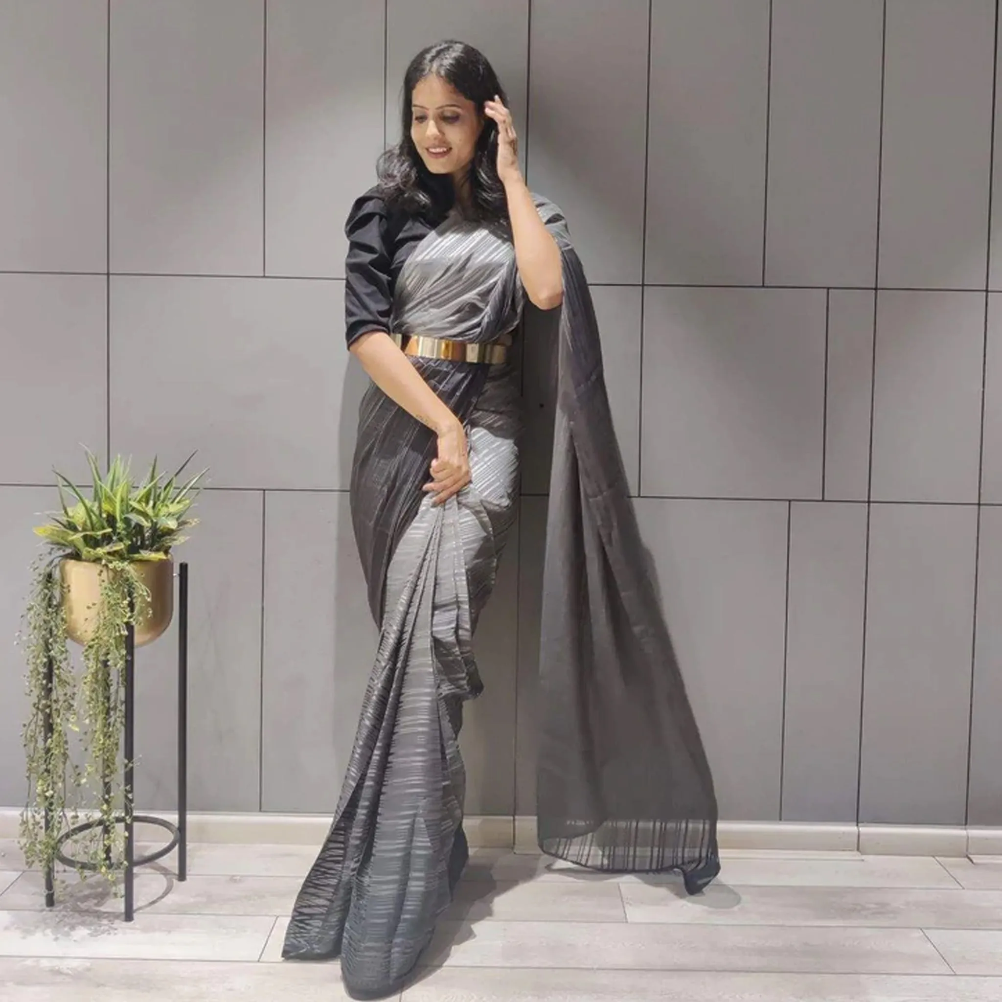 Ready to Wear Chiffon Saree with Metal Belt