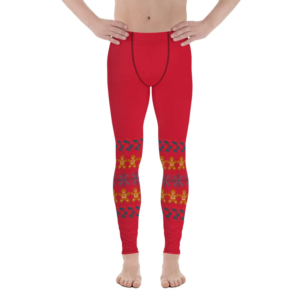 Red Christmas Gingerbread Men's Leggings, Christmas Party Meggings Run Tights-Made in USA