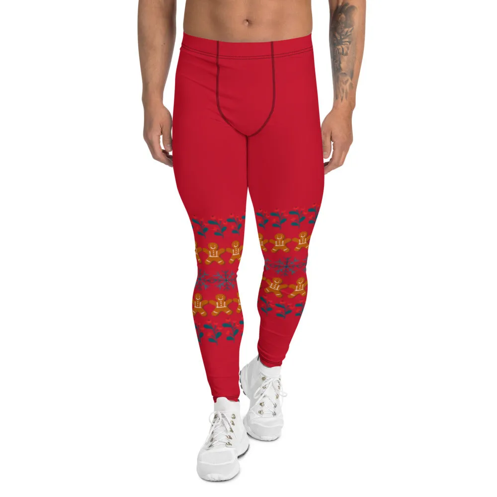 Red Christmas Gingerbread Men's Leggings, Christmas Party Meggings Run Tights-Made in USA