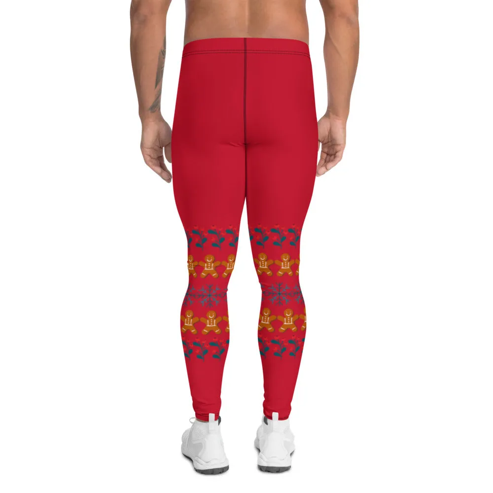 Red Christmas Gingerbread Men's Leggings, Christmas Party Meggings Run Tights-Made in USA