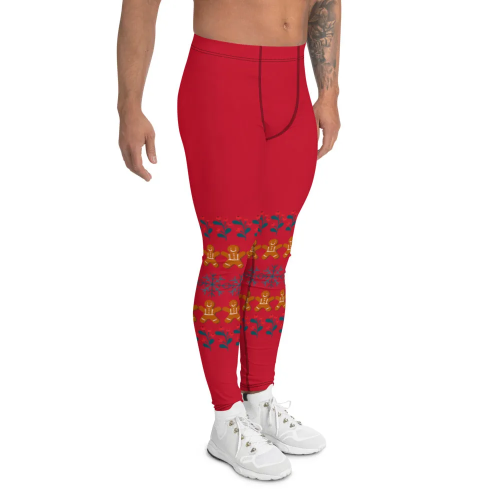 Red Christmas Gingerbread Men's Leggings, Christmas Party Meggings Run Tights-Made in USA