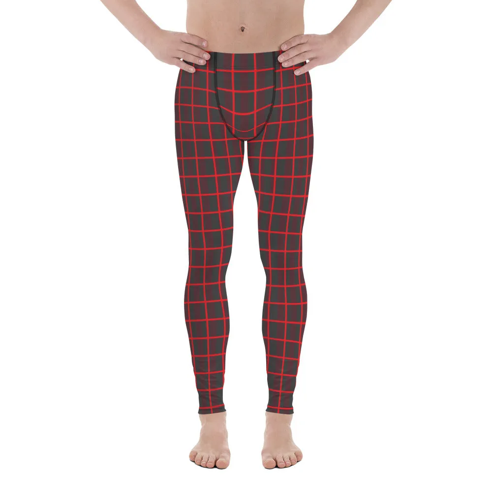 Red Plaid Print Men's Leggings, Best Xmas Festive Holiday Christmas Costume Tights - Made in USA/EU/MX