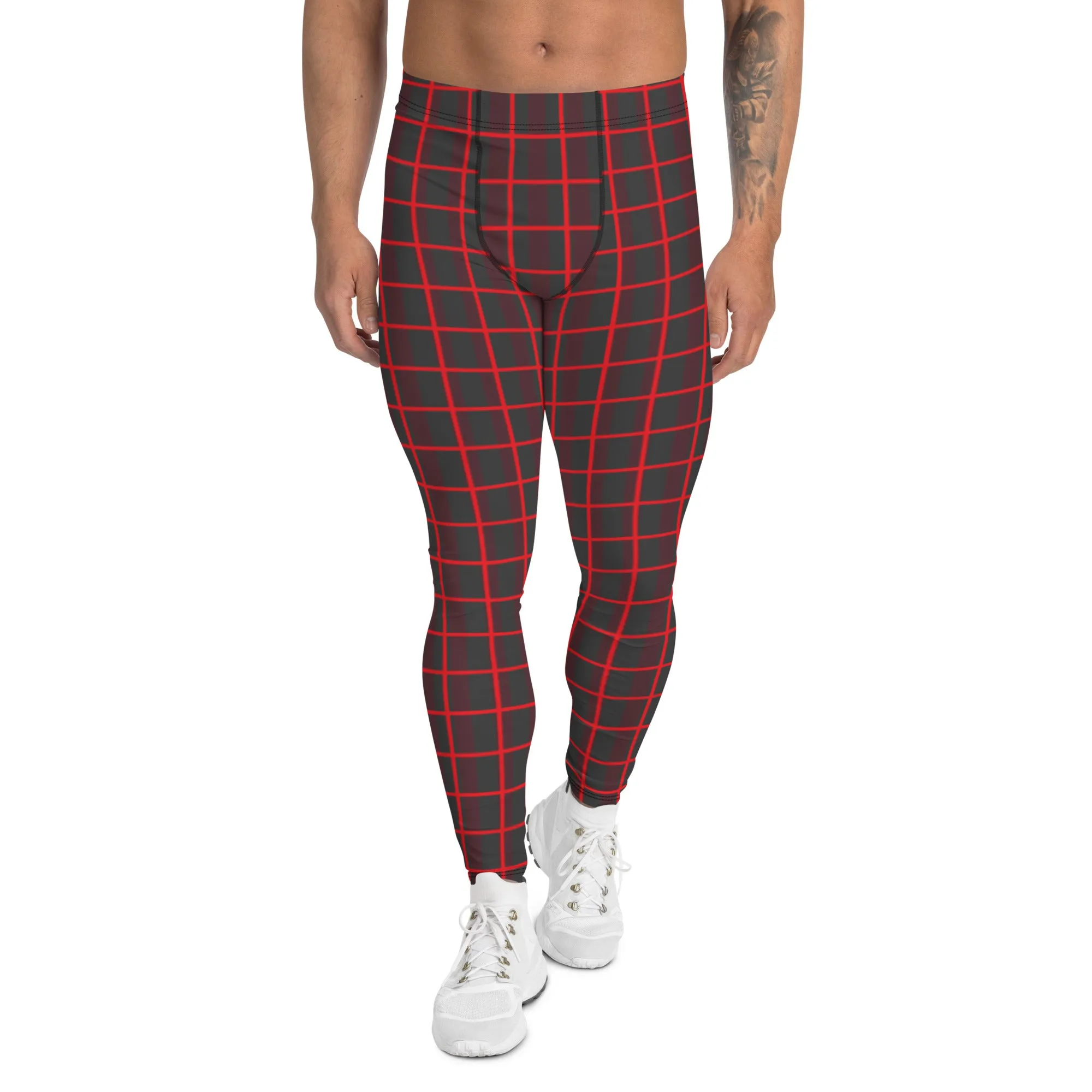 Red Plaid Print Men's Leggings, Best Xmas Festive Holiday Christmas Costume Tights - Made in USA/EU/MX