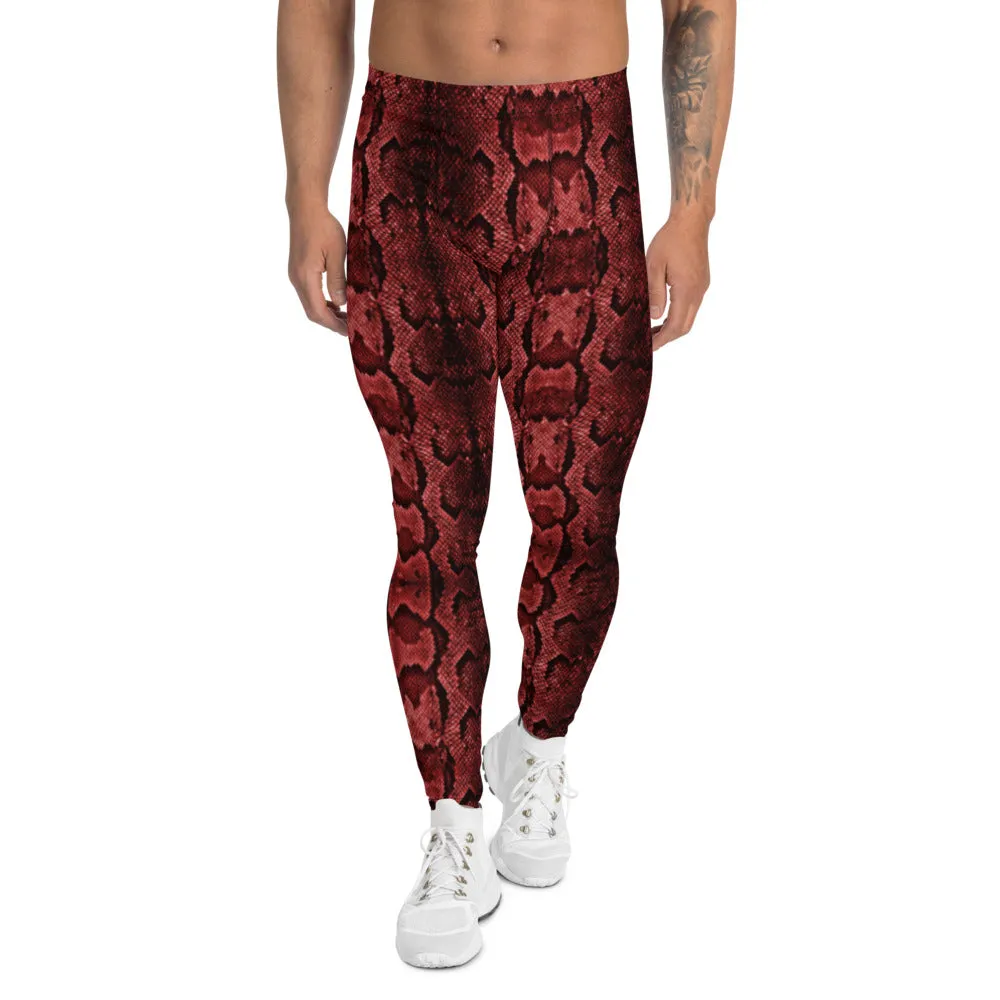 Red Snake Print Men's Leggings, Snake Skin Python Style Meggings Tights For Men - Made in USA/EU