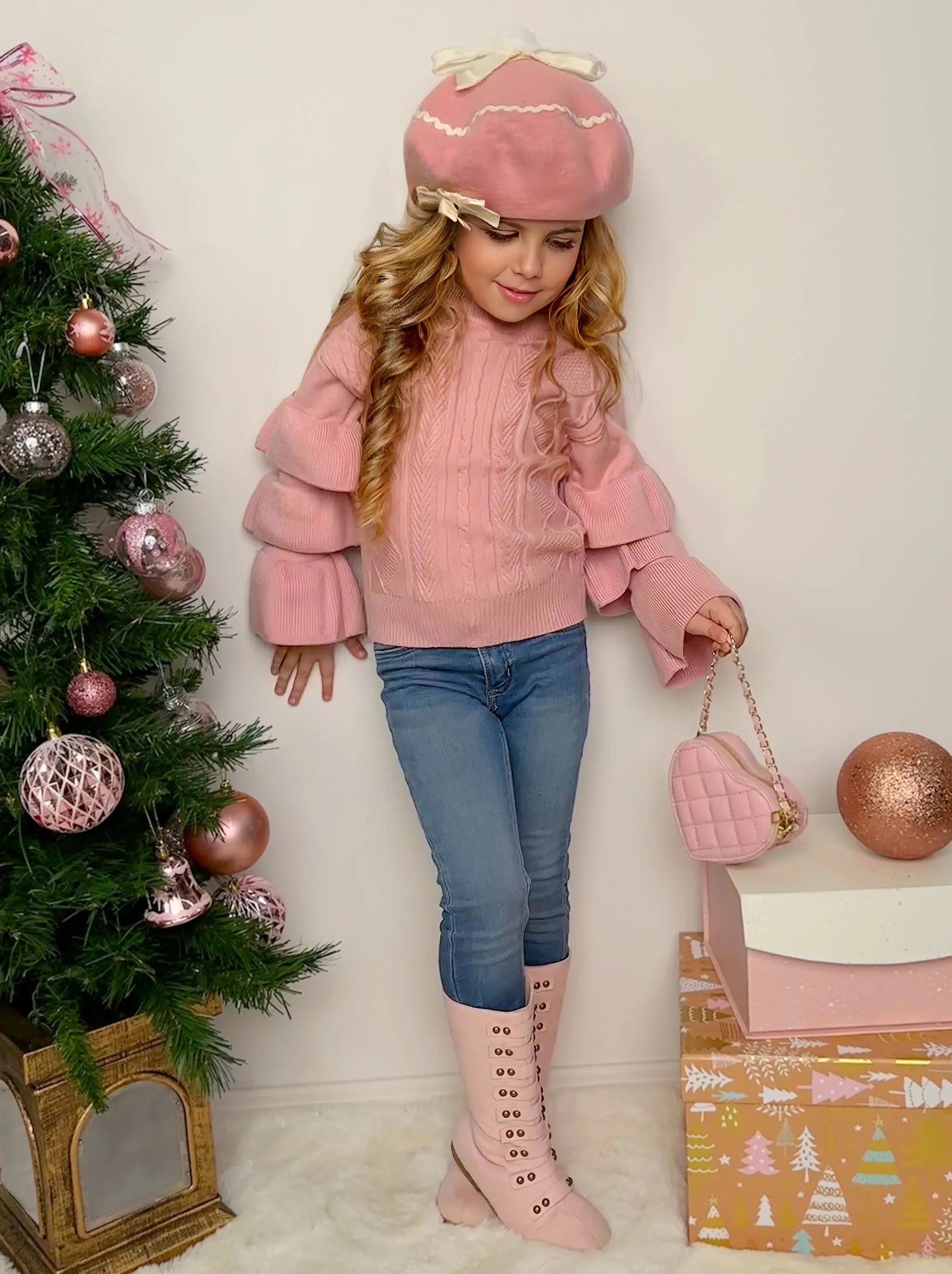 Rose Pink Tiered Sleeve Cable Knit Sweater