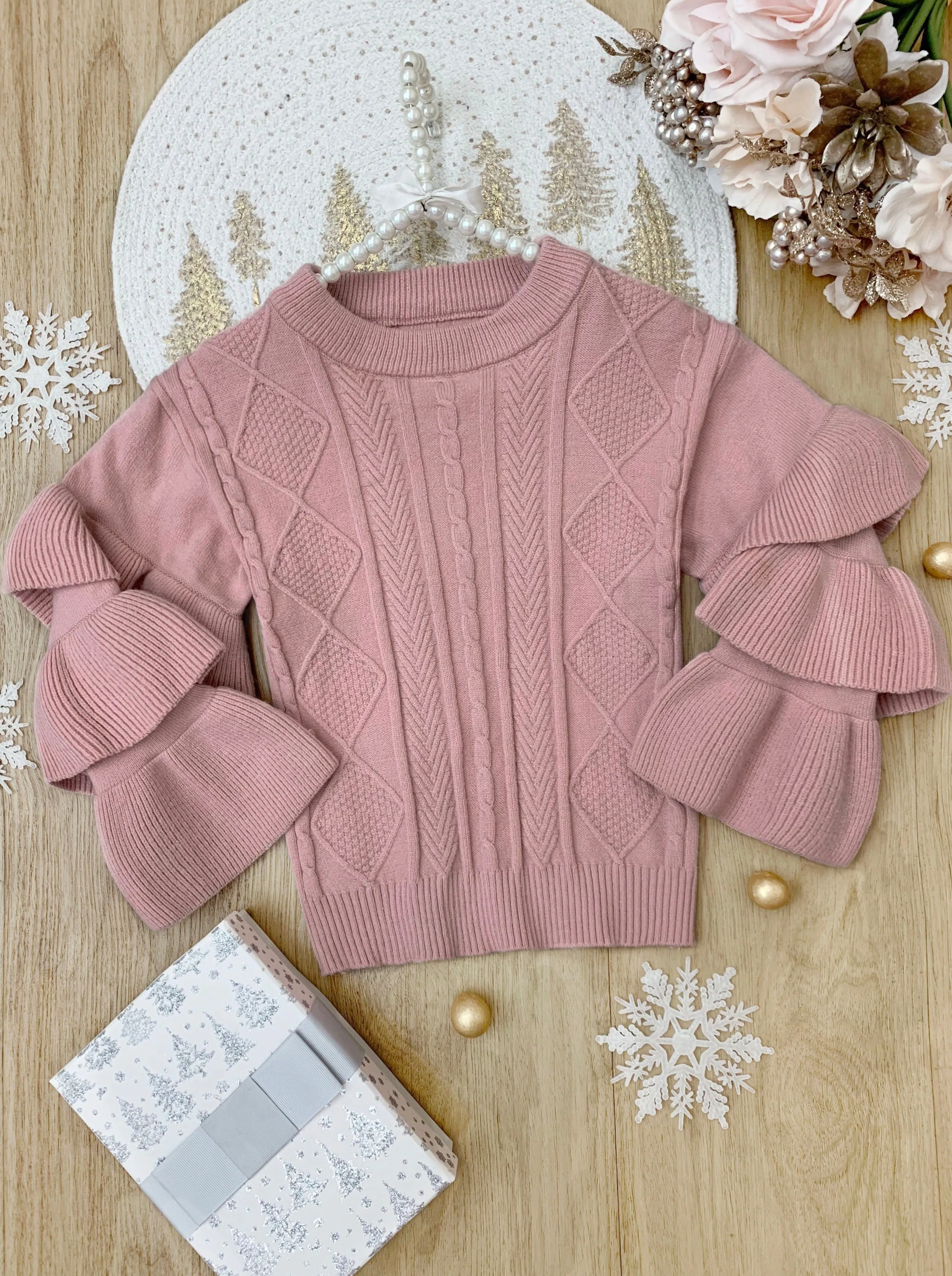 Rose Pink Tiered Sleeve Cable Knit Sweater