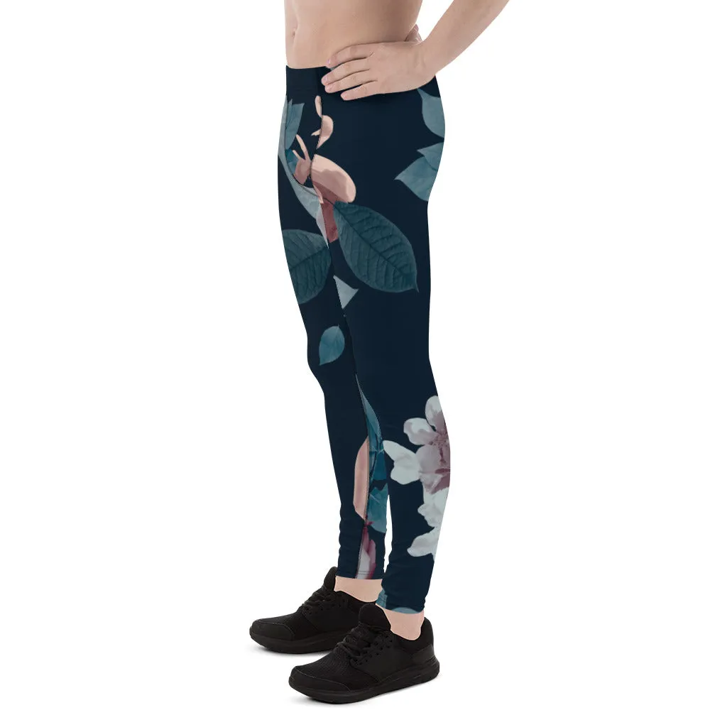 Rose Romantic Floral Men's Leggings, Flower Printed Designer Meggings Compression Tights-Made in USA/EU/MX