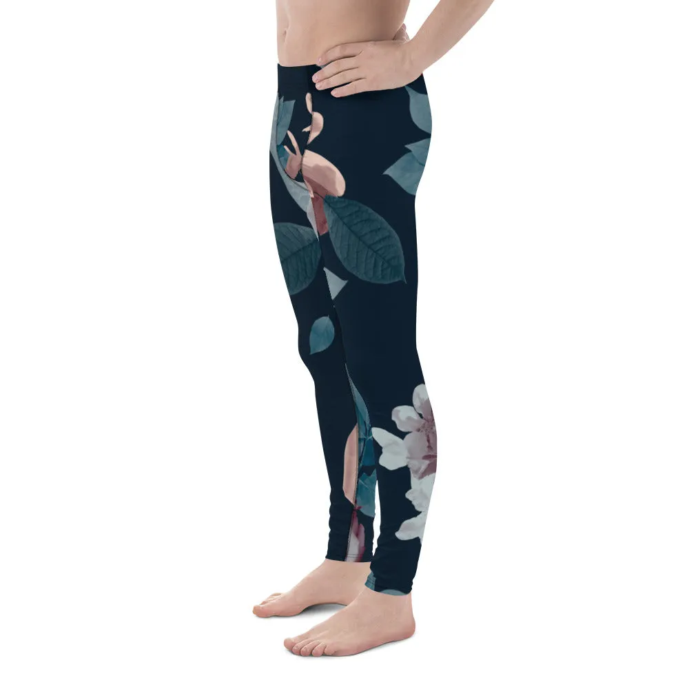 Rose Romantic Floral Men's Leggings, Flower Printed Designer Meggings Compression Tights-Made in USA/EU/MX