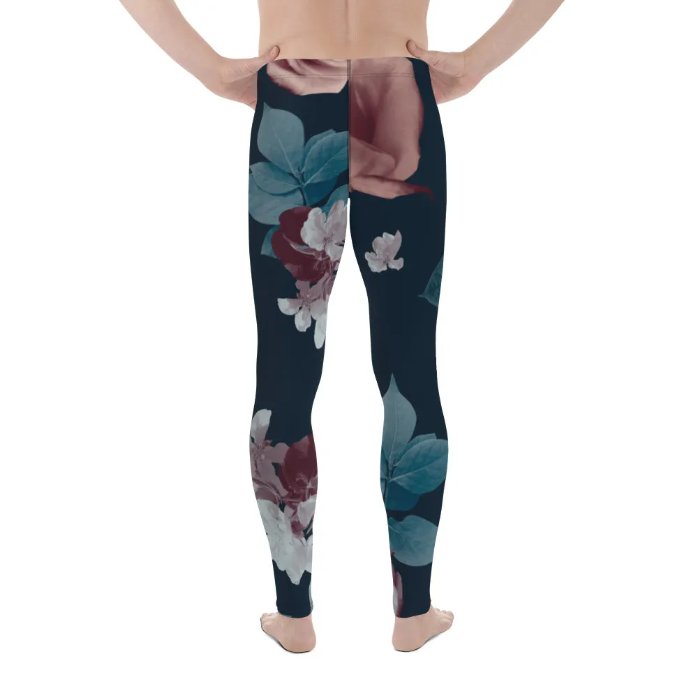 Rose Romantic Floral Men's Leggings, Flower Printed Designer Meggings Compression Tights-Made in USA/EU/MX