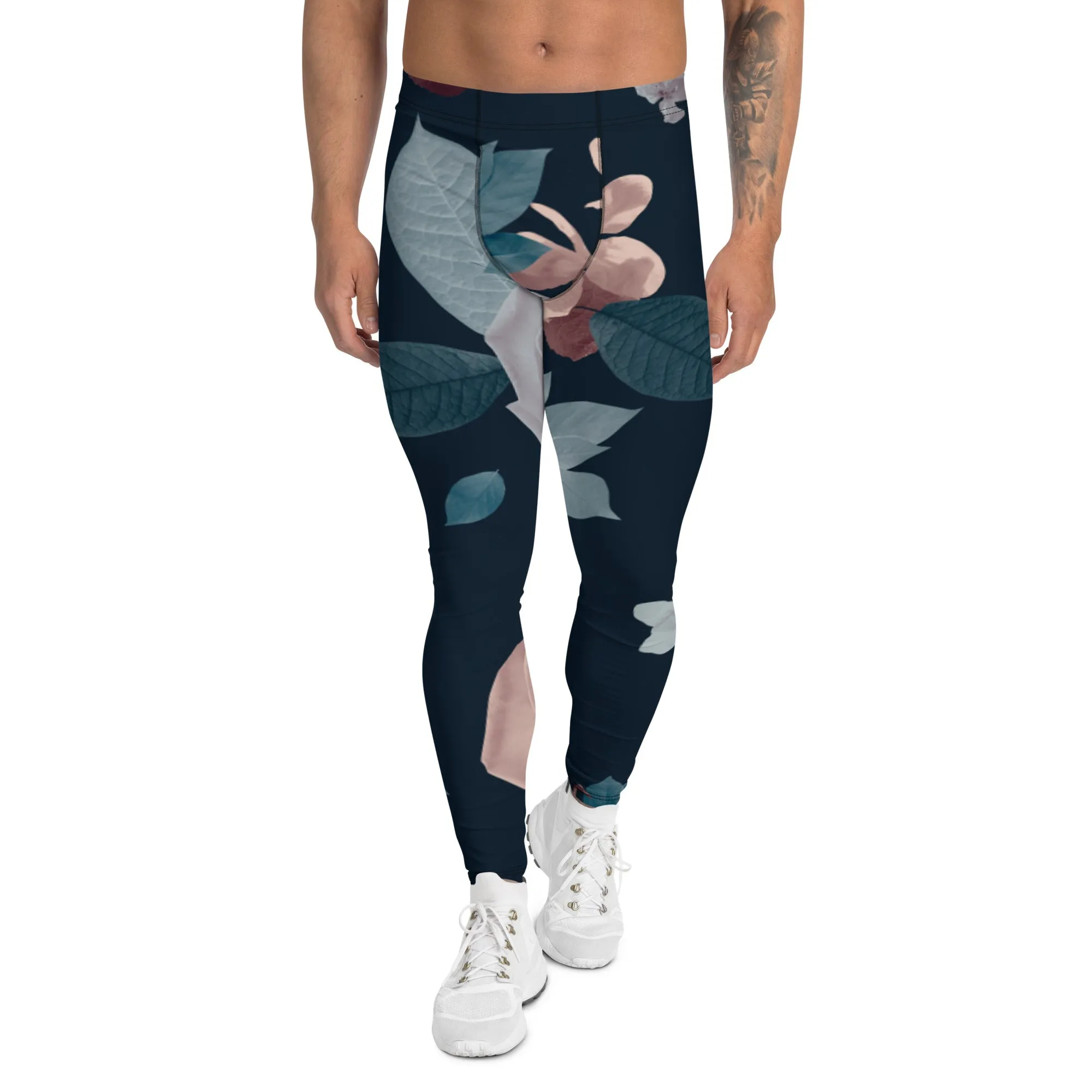 Rose Romantic Floral Men's Leggings, Flower Printed Designer Meggings Compression Tights-Made in USA/EU/MX