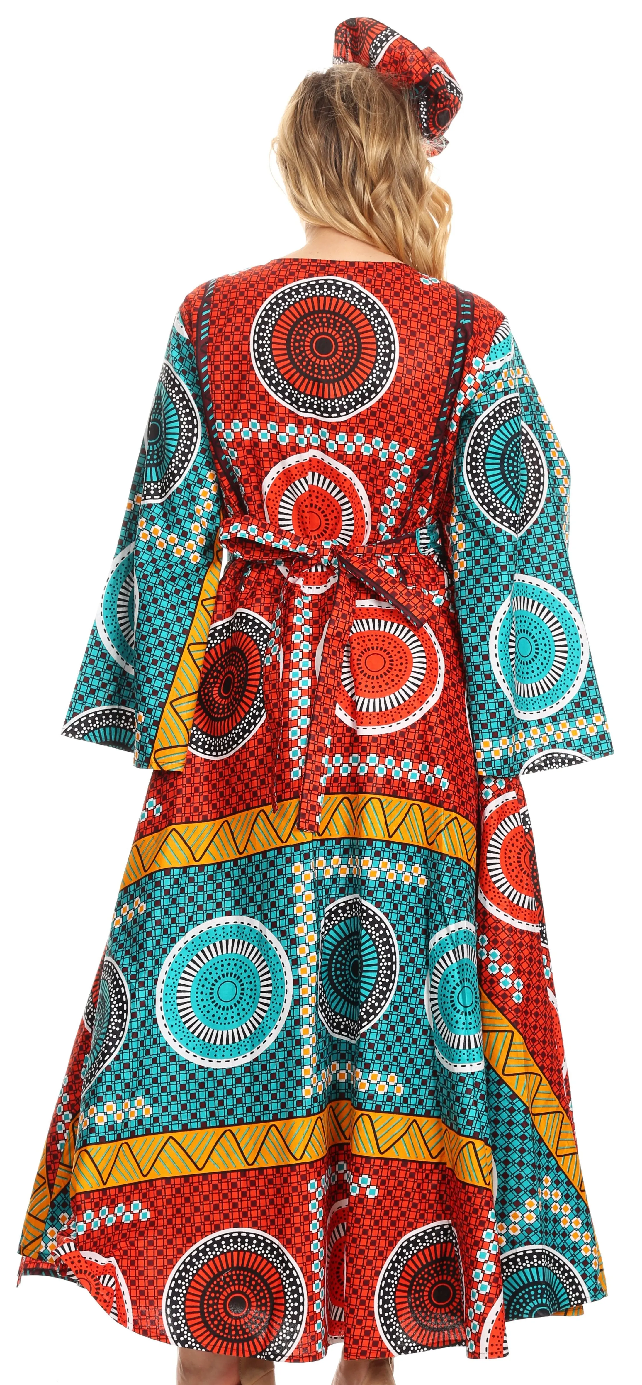 Sakkas Tale Women's Maxi Long Sleeve Wrap Dress with Pockets African Ankara Print