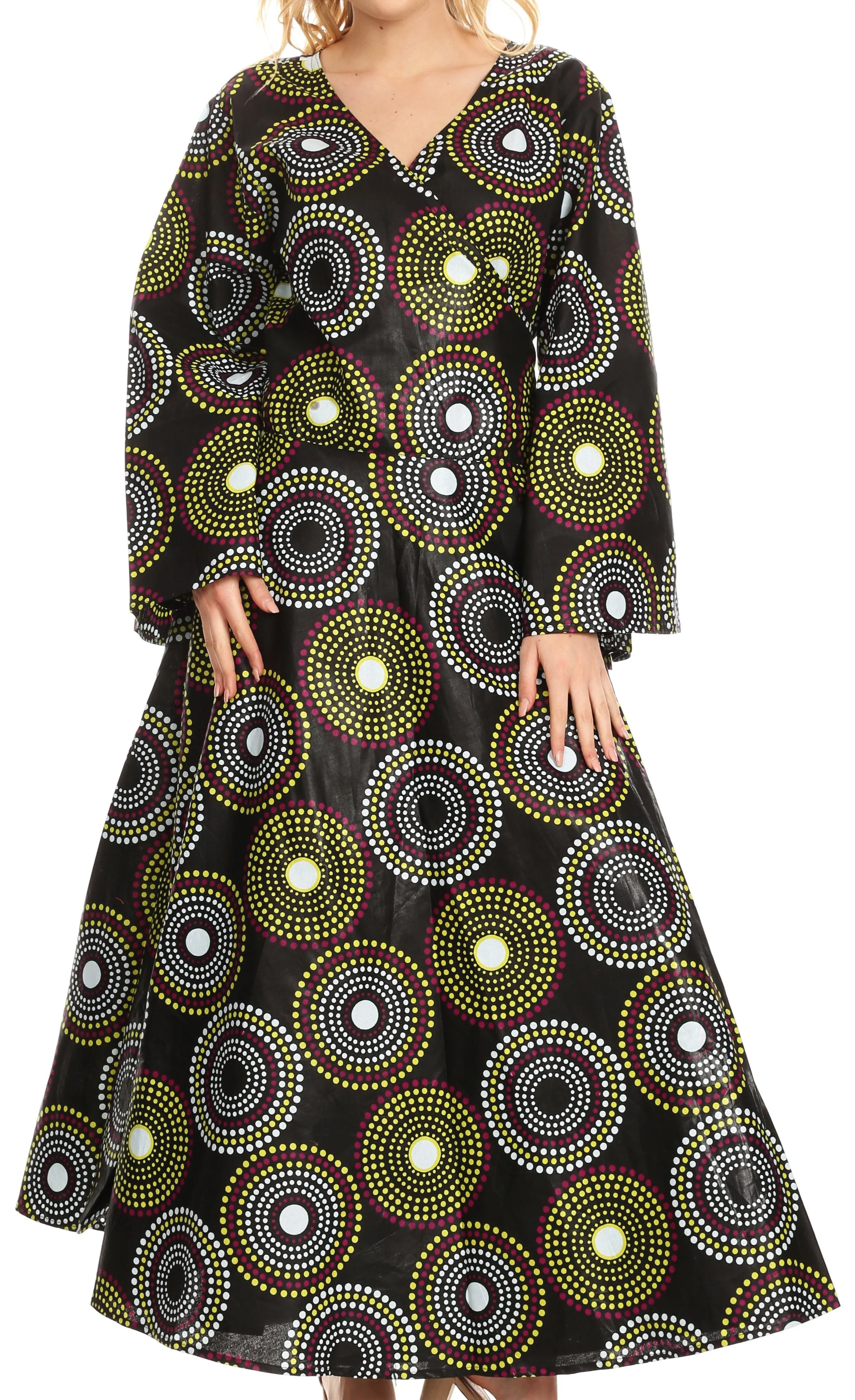 Sakkas Tale Women's Maxi Long Sleeve Wrap Dress with Pockets African Ankara Print