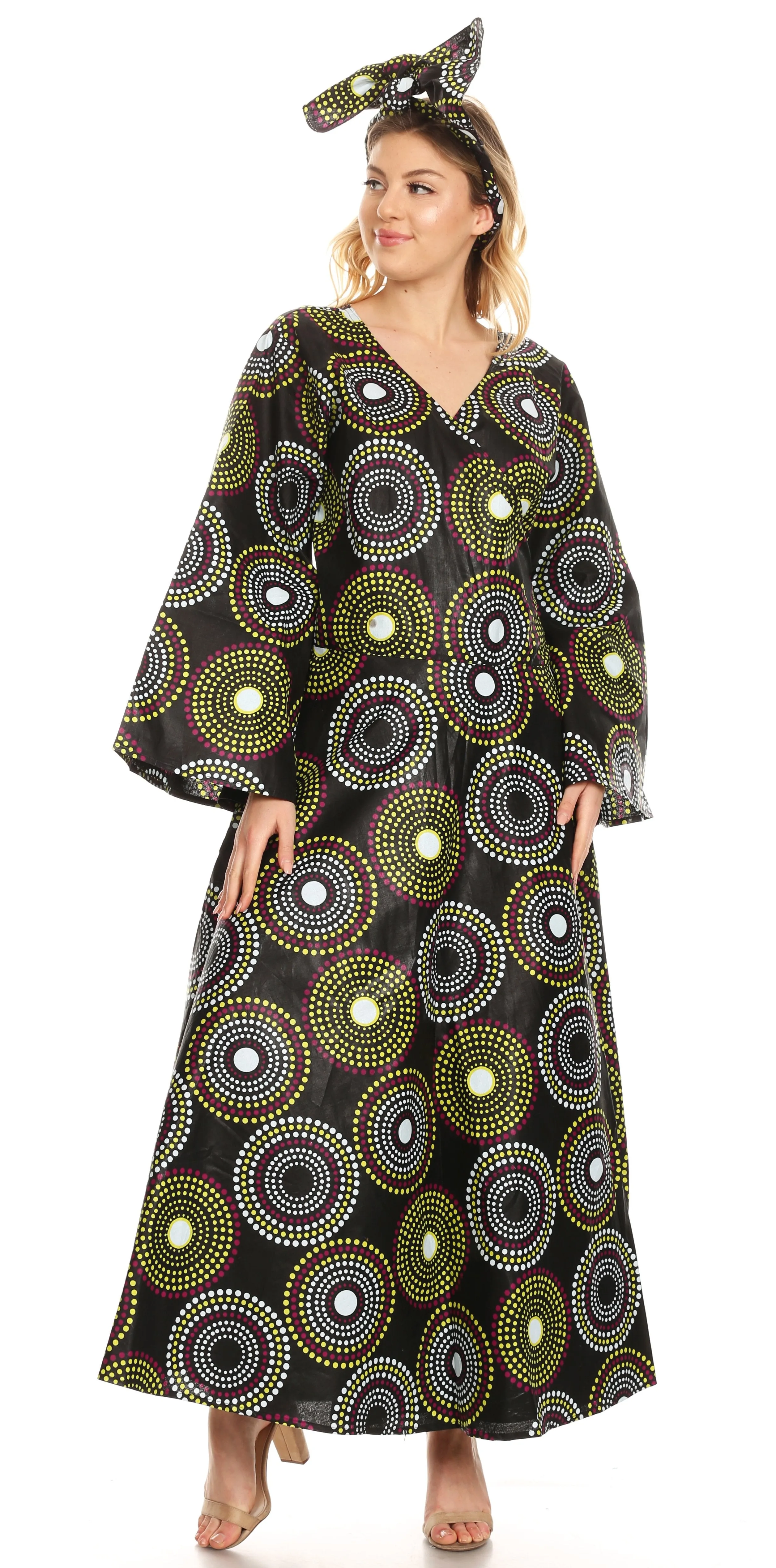 Sakkas Tale Women's Maxi Long Sleeve Wrap Dress with Pockets African Ankara Print