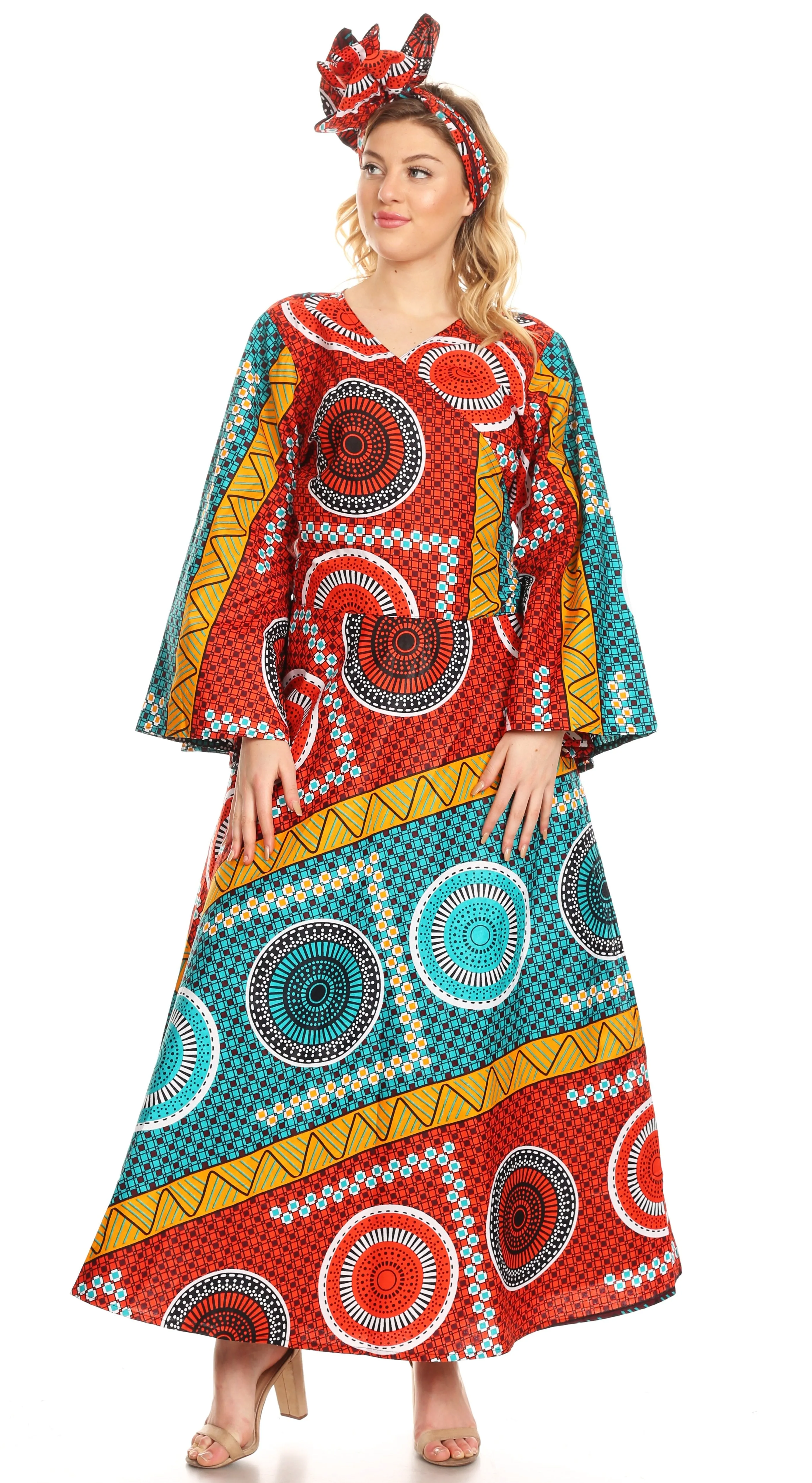 Sakkas Tale Women's Maxi Long Sleeve Wrap Dress with Pockets African Ankara Print