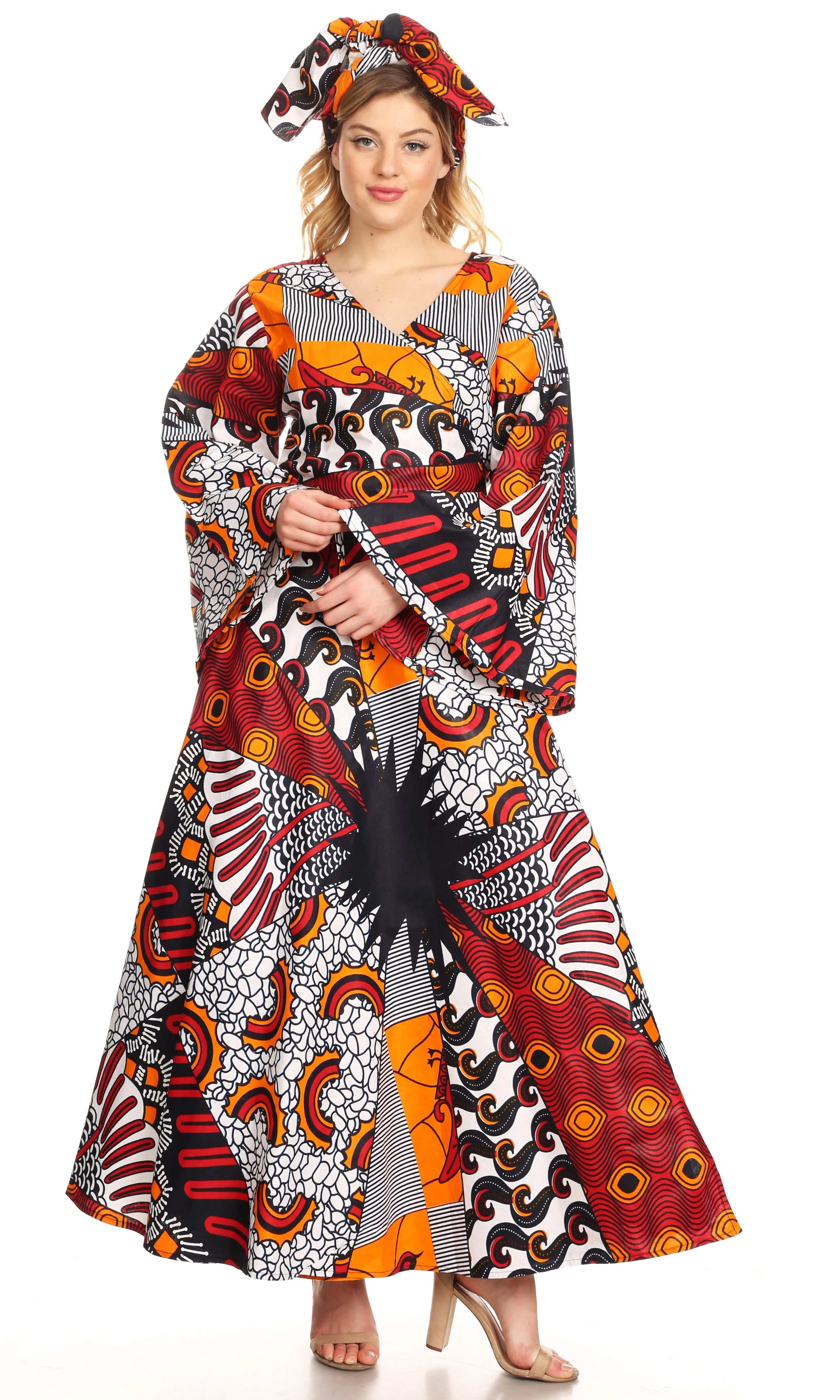 Sakkas Tale Women's Maxi Long Sleeve Wrap Dress with Pockets African Ankara Print