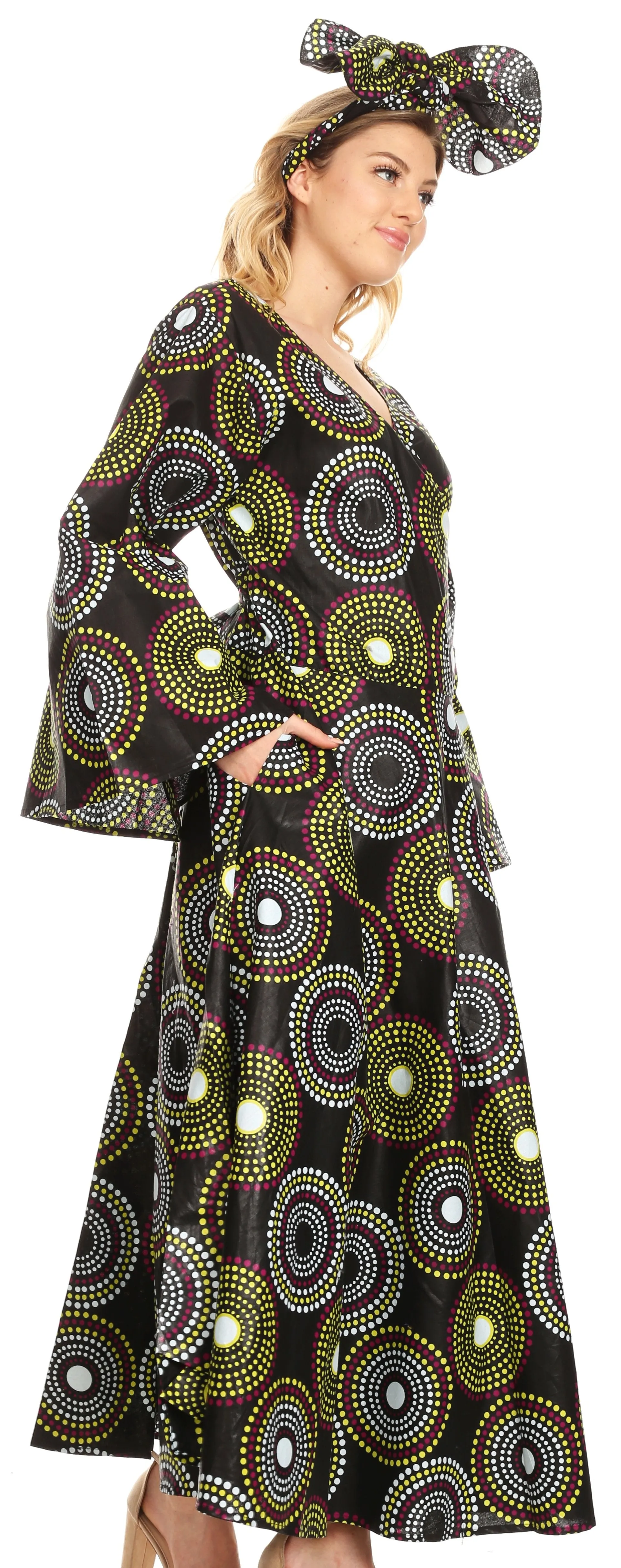 Sakkas Tale Women's Maxi Long Sleeve Wrap Dress with Pockets African Ankara Print