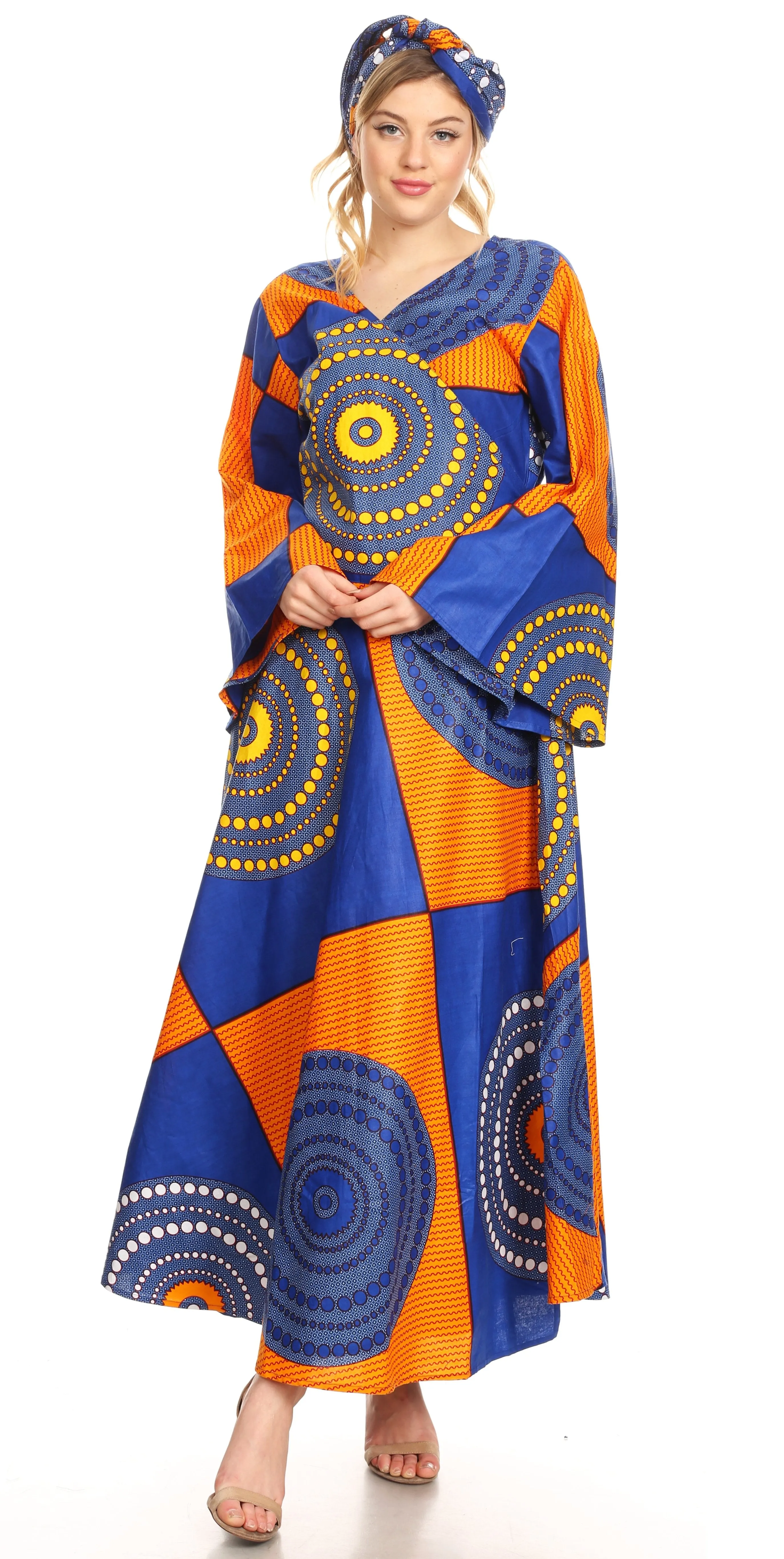 Sakkas Tale Women's Maxi Long Sleeve Wrap Dress with Pockets African Ankara Print