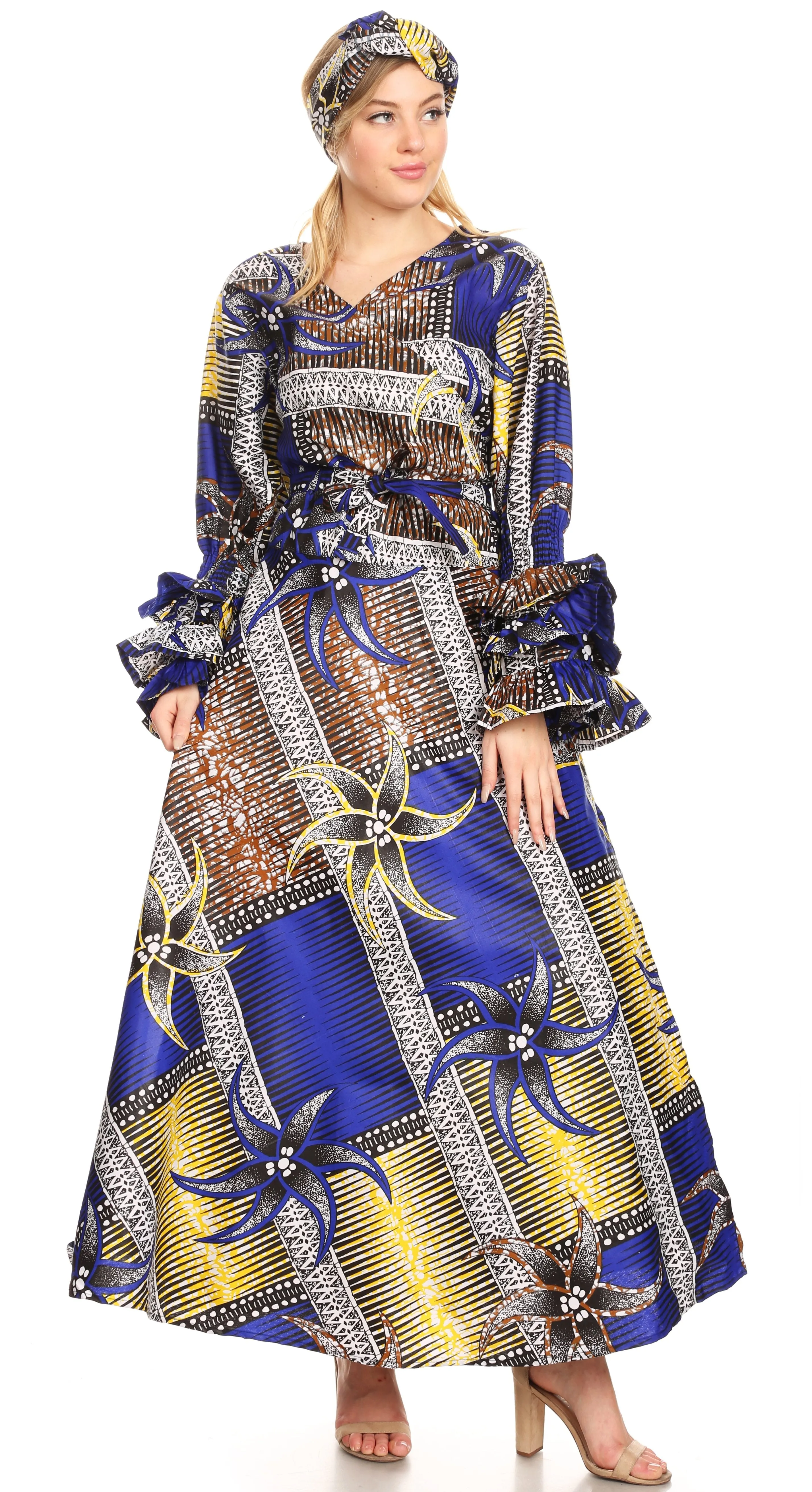 Sakkas Tale Women's Maxi Long Sleeve Wrap Dress with Pockets African Ankara Print