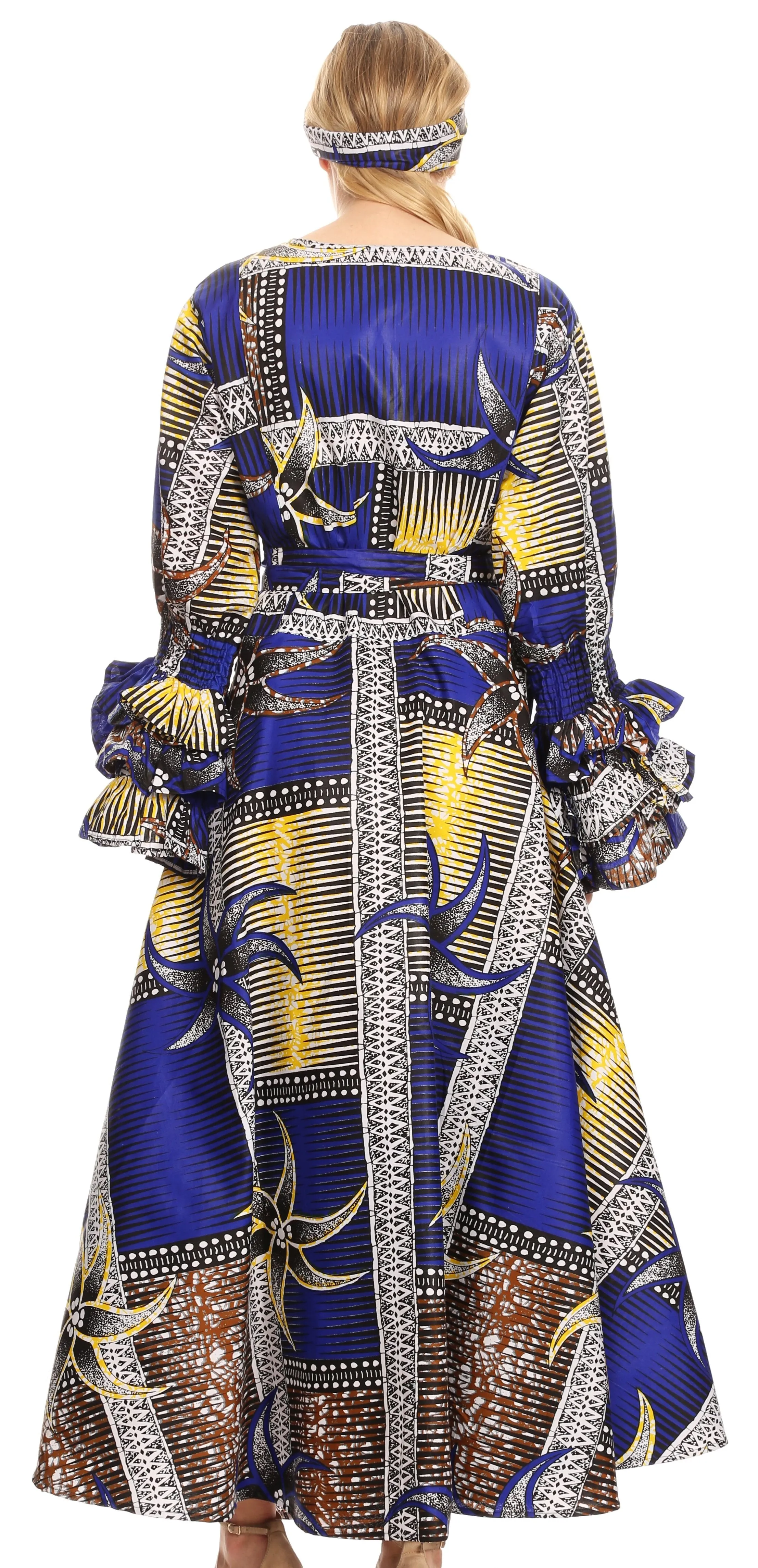 Sakkas Tale Women's Maxi Long Sleeve Wrap Dress with Pockets African Ankara Print