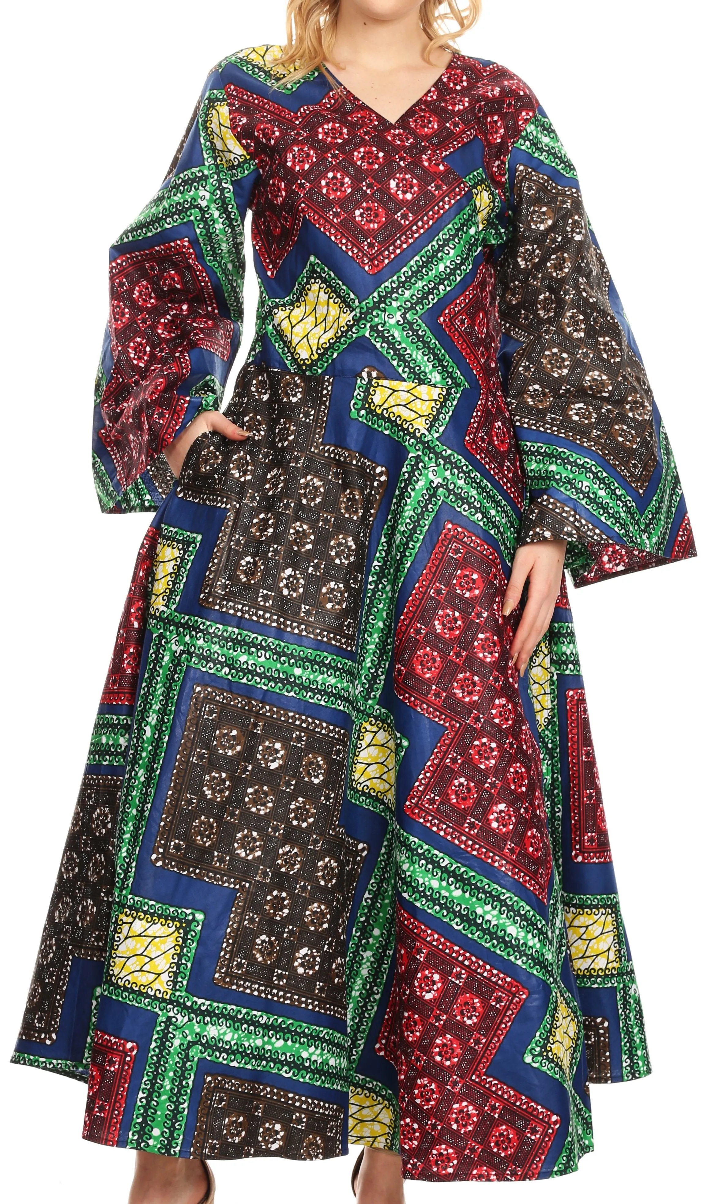 Sakkas Tale Women's Maxi Long Sleeve Wrap Dress with Pockets African Ankara Print