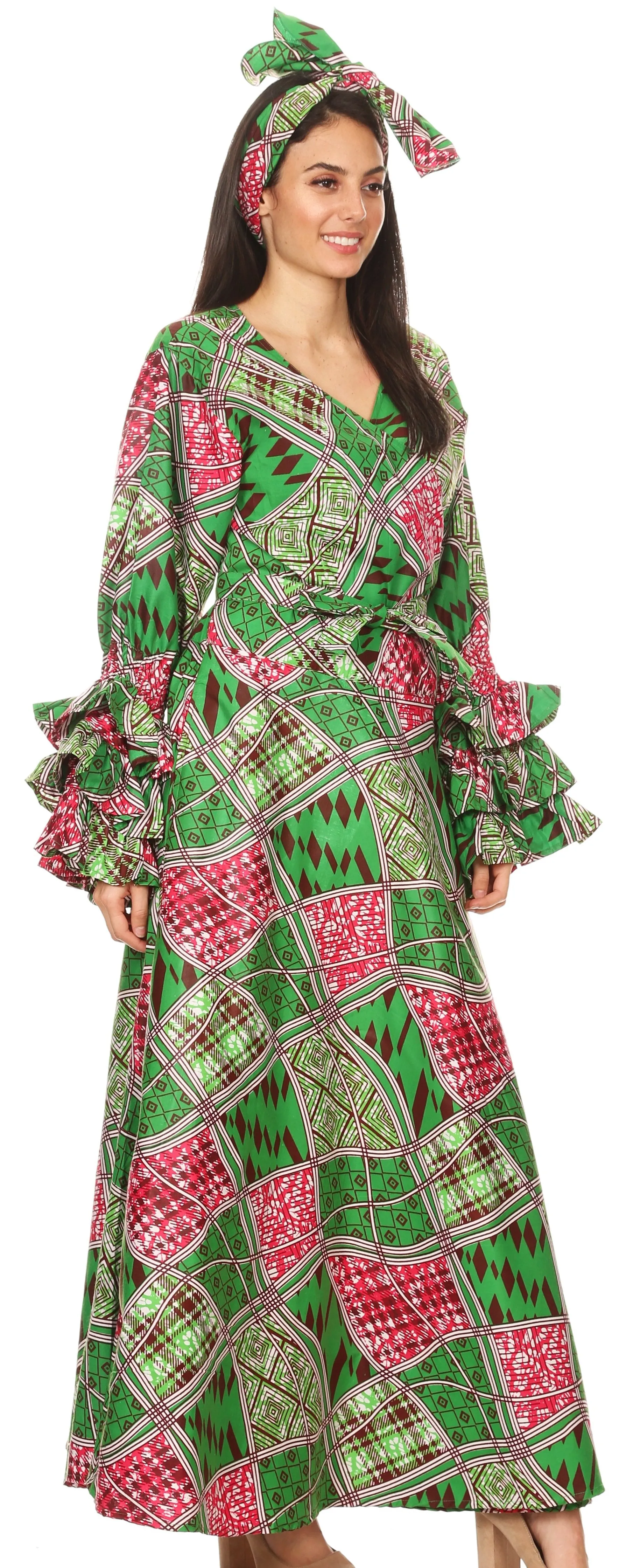 Sakkas Tale Women's Maxi Long Sleeve Wrap Dress with Pockets African Ankara Print