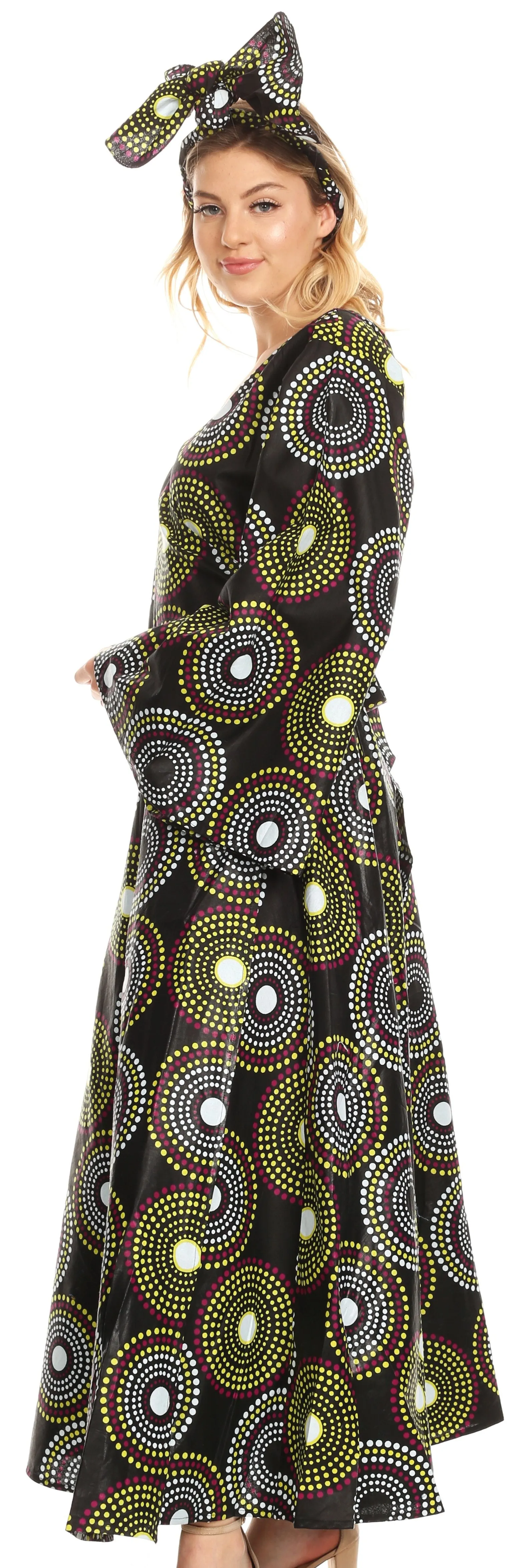 Sakkas Tale Women's Maxi Long Sleeve Wrap Dress with Pockets African Ankara Print