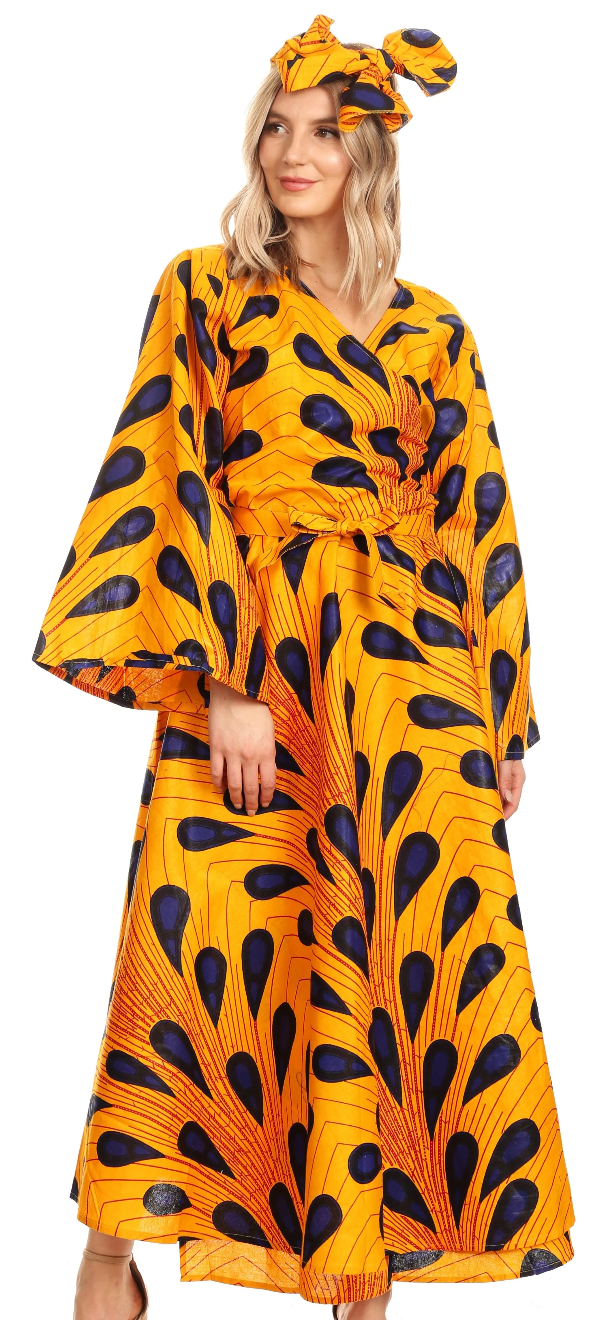 Sakkas Tale Women's Maxi Long Sleeve Wrap Dress with Pockets African Ankara Print