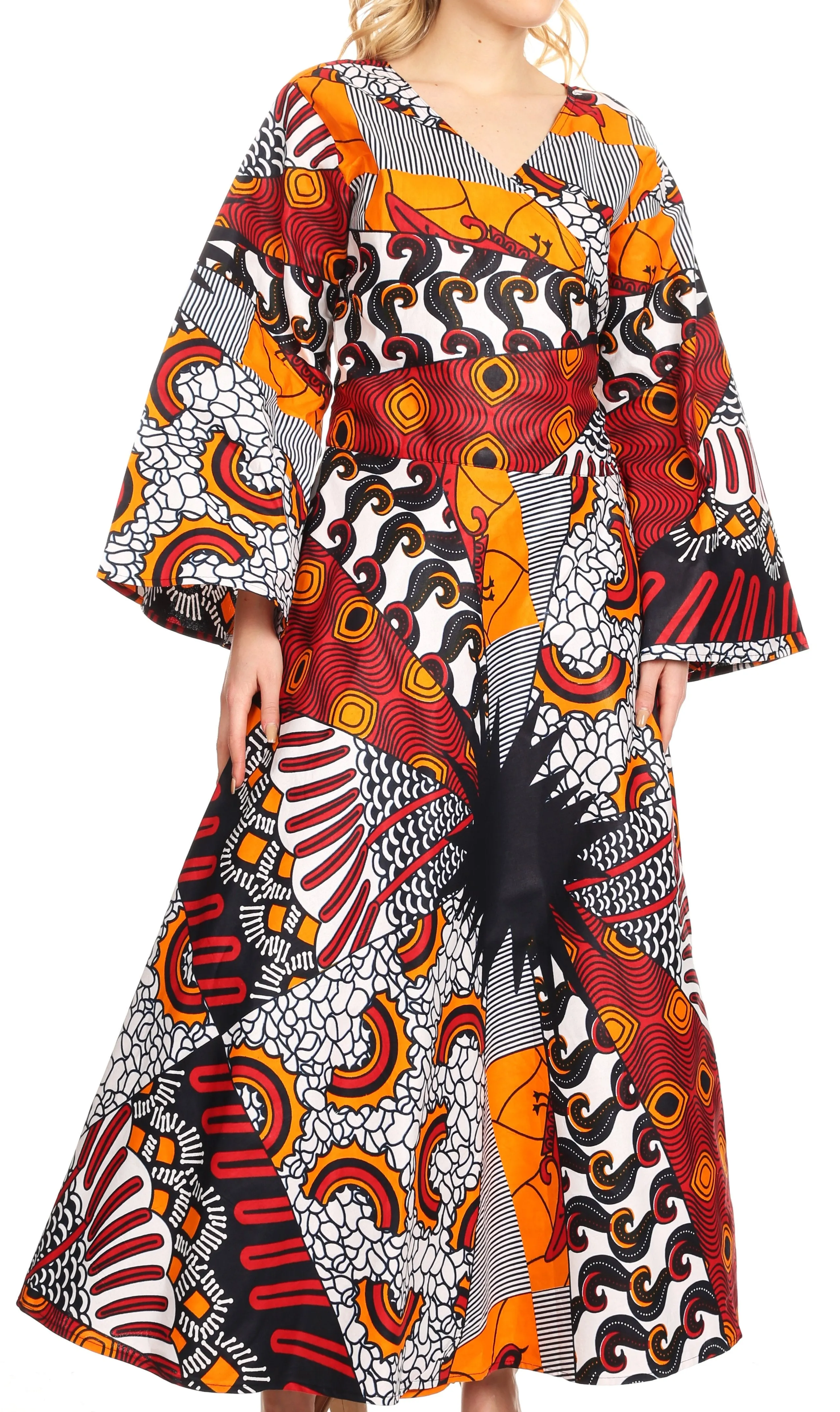 Sakkas Tale Women's Maxi Long Sleeve Wrap Dress with Pockets African Ankara Print