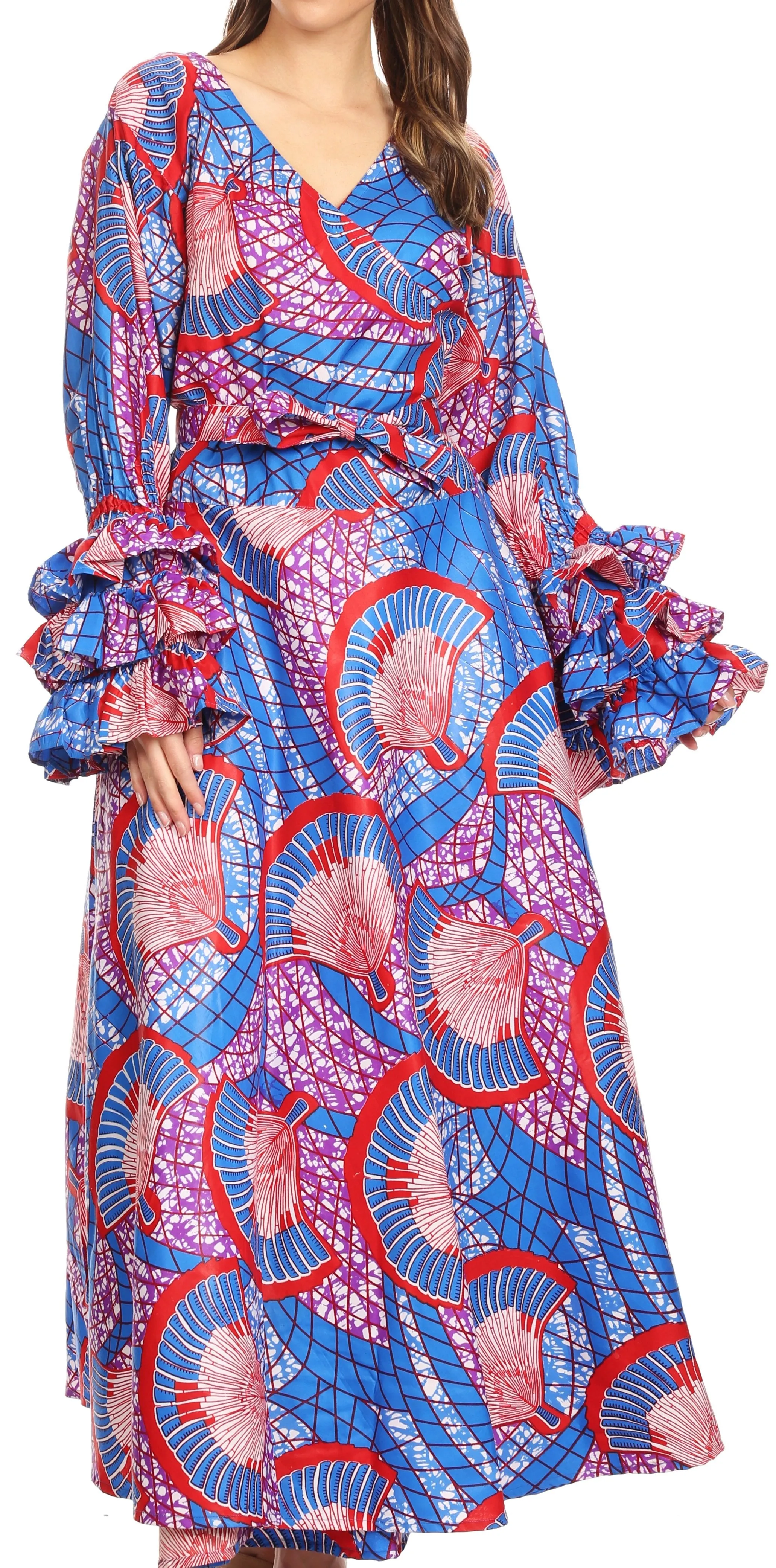 Sakkas Tale Women's Maxi Long Sleeve Wrap Dress with Pockets African Ankara Print