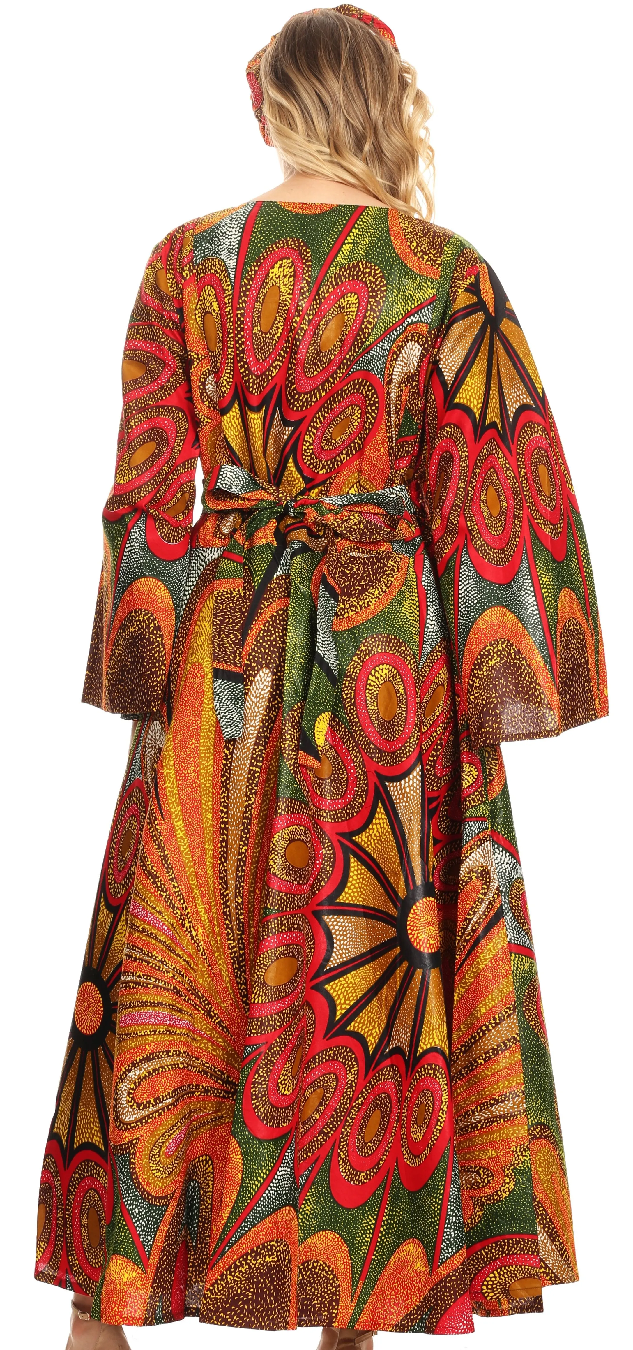 Sakkas Tale Women's Maxi Long Sleeve Wrap Dress with Pockets African Ankara Print