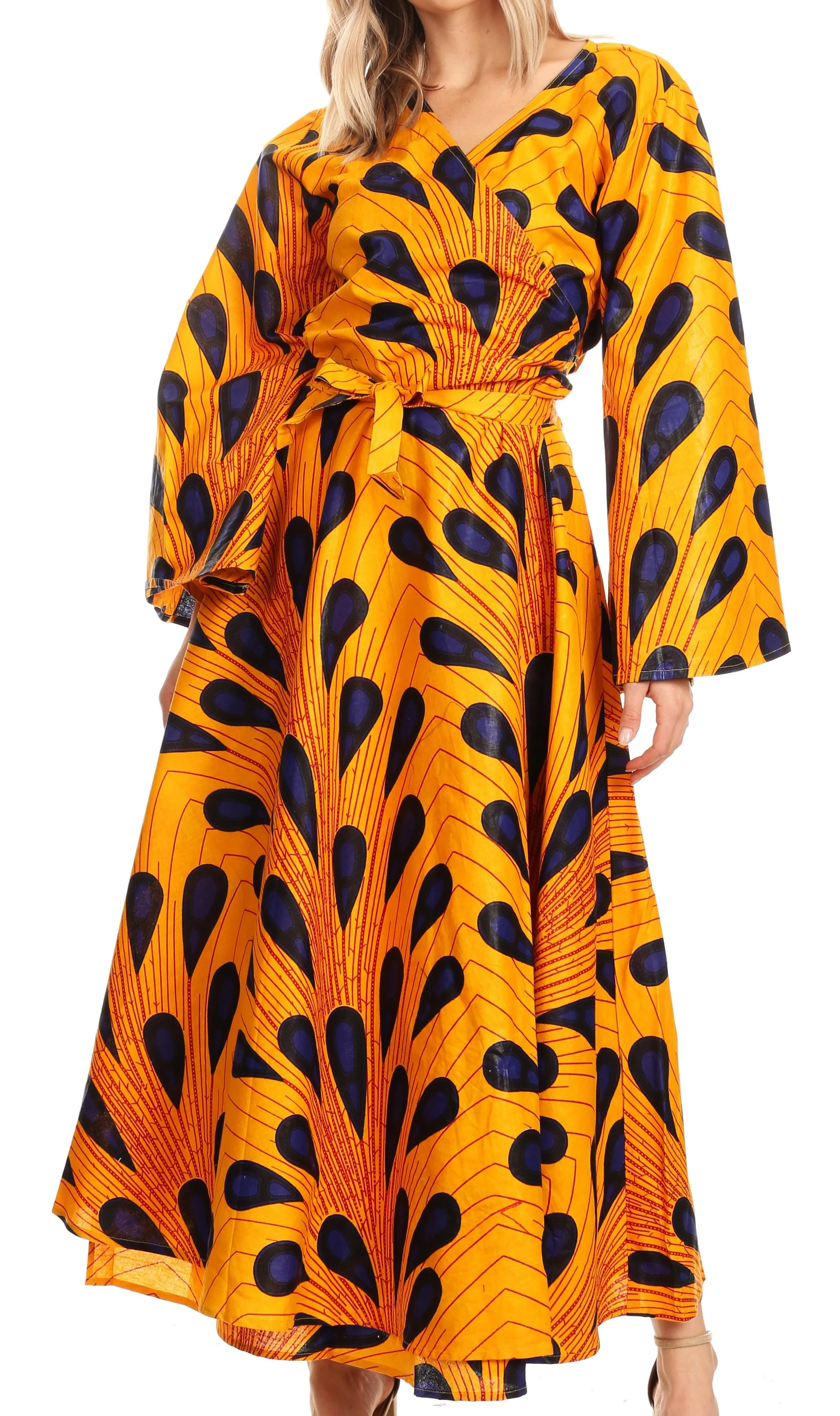 Sakkas Tale Women's Maxi Long Sleeve Wrap Dress with Pockets African Ankara Print