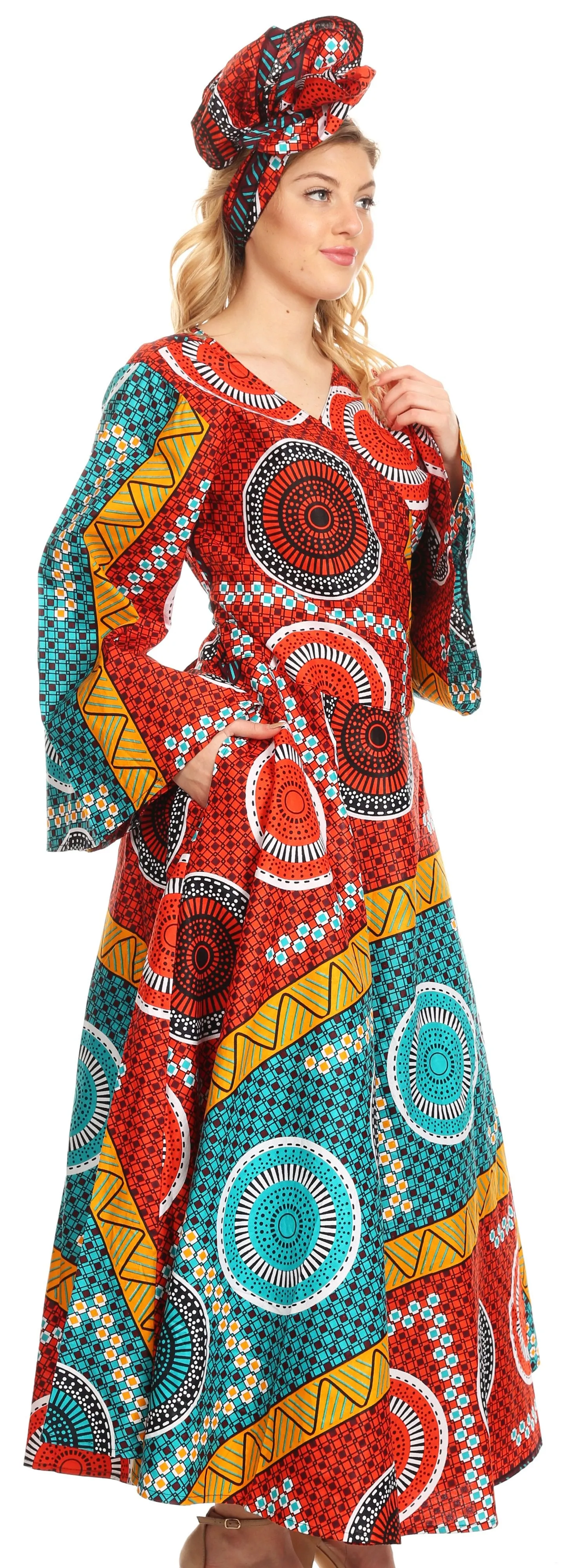 Sakkas Tale Women's Maxi Long Sleeve Wrap Dress with Pockets African Ankara Print